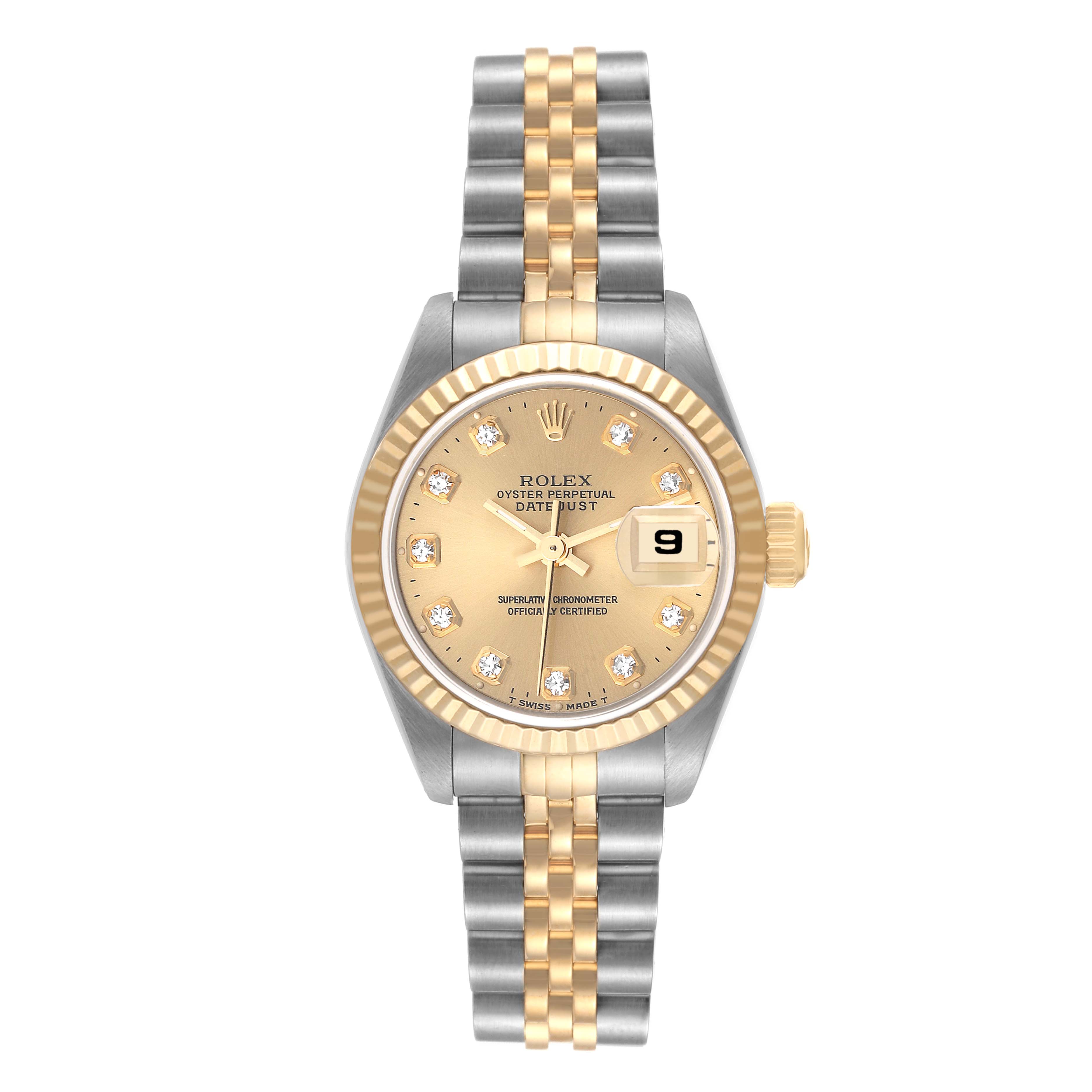 This image shows the front view of the Rolex Datejust 69173 Women's Steel and Gold (two tone) Champagne Dial 69173 Women's Steel and Gold (two tone) Champagne Dial watch, including the dial, case, and bracelet.