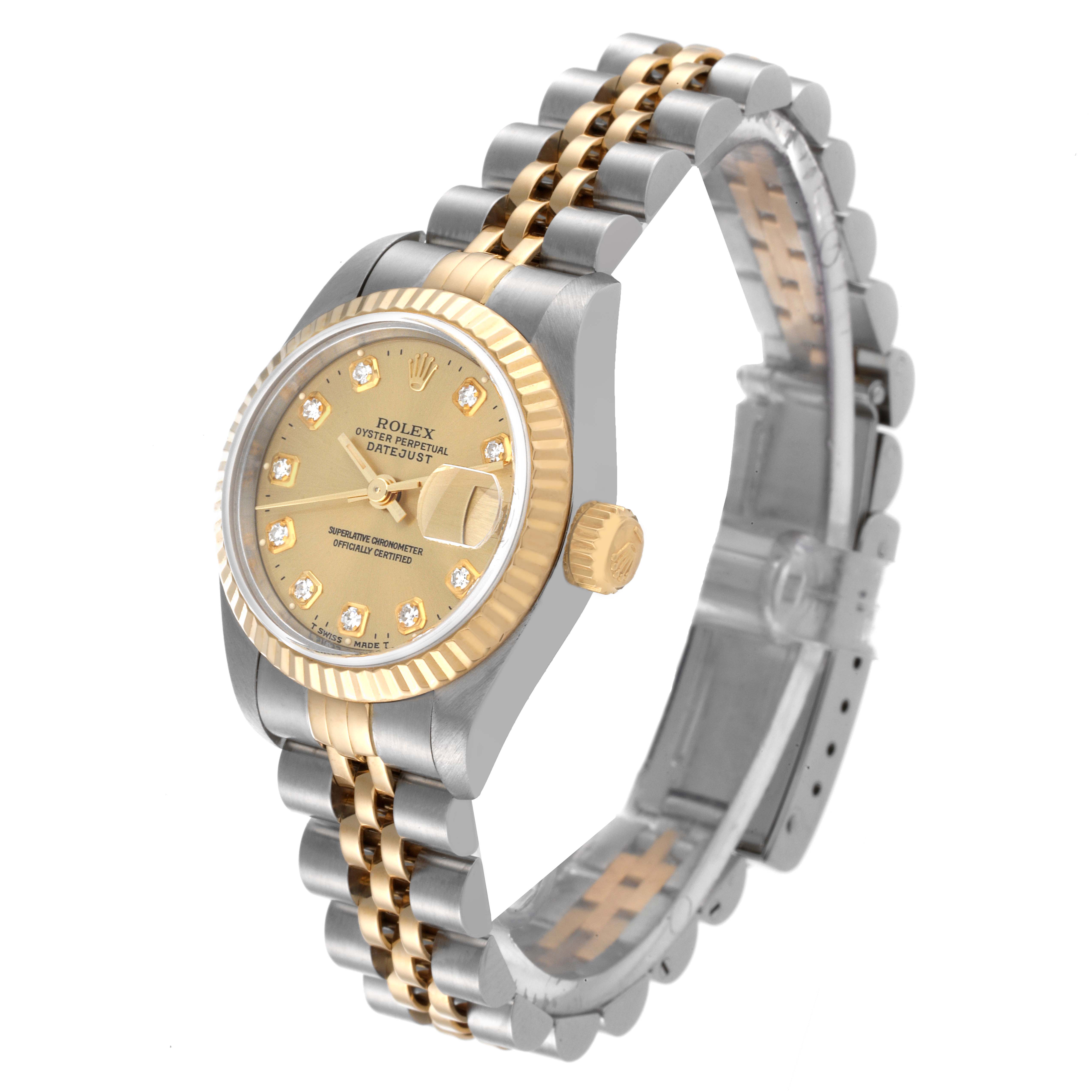 The Rolex Datejust 69173 Women's Steel and Gold (two tone) Champagne Dial 69173 Women's Steel and Gold (two tone) Champagne Dial watch is shown at an angled side view, highlighting the dial, bezel, and partially the bracelet.