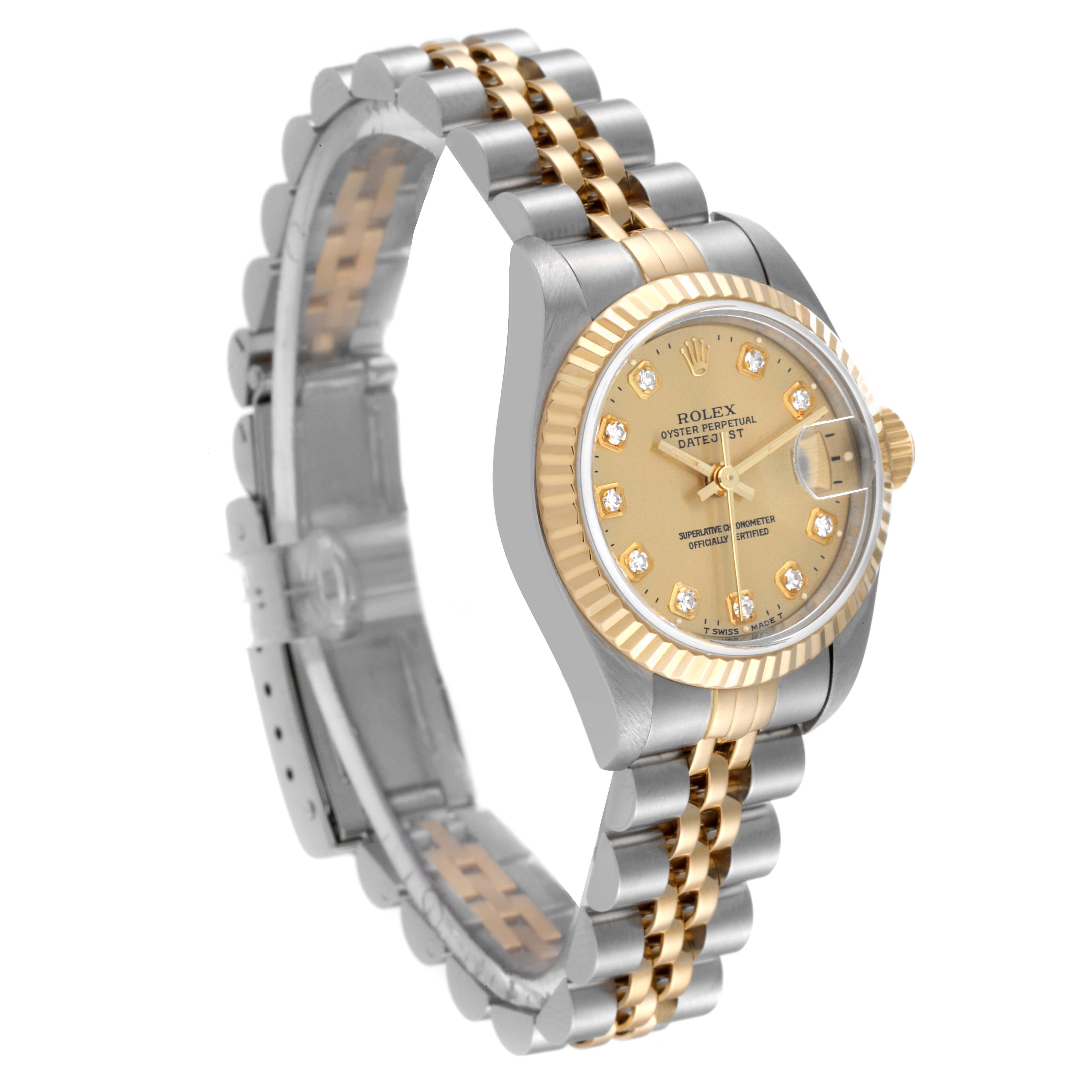 This Rolex Datejust 69173 Women's Steel and Gold (two tone) Champagne Dial 69173 Women's Steel and Gold (two tone) Champagne Dial model watch is shown at an angle highlighting its face, bezel, and part of the bracelet.