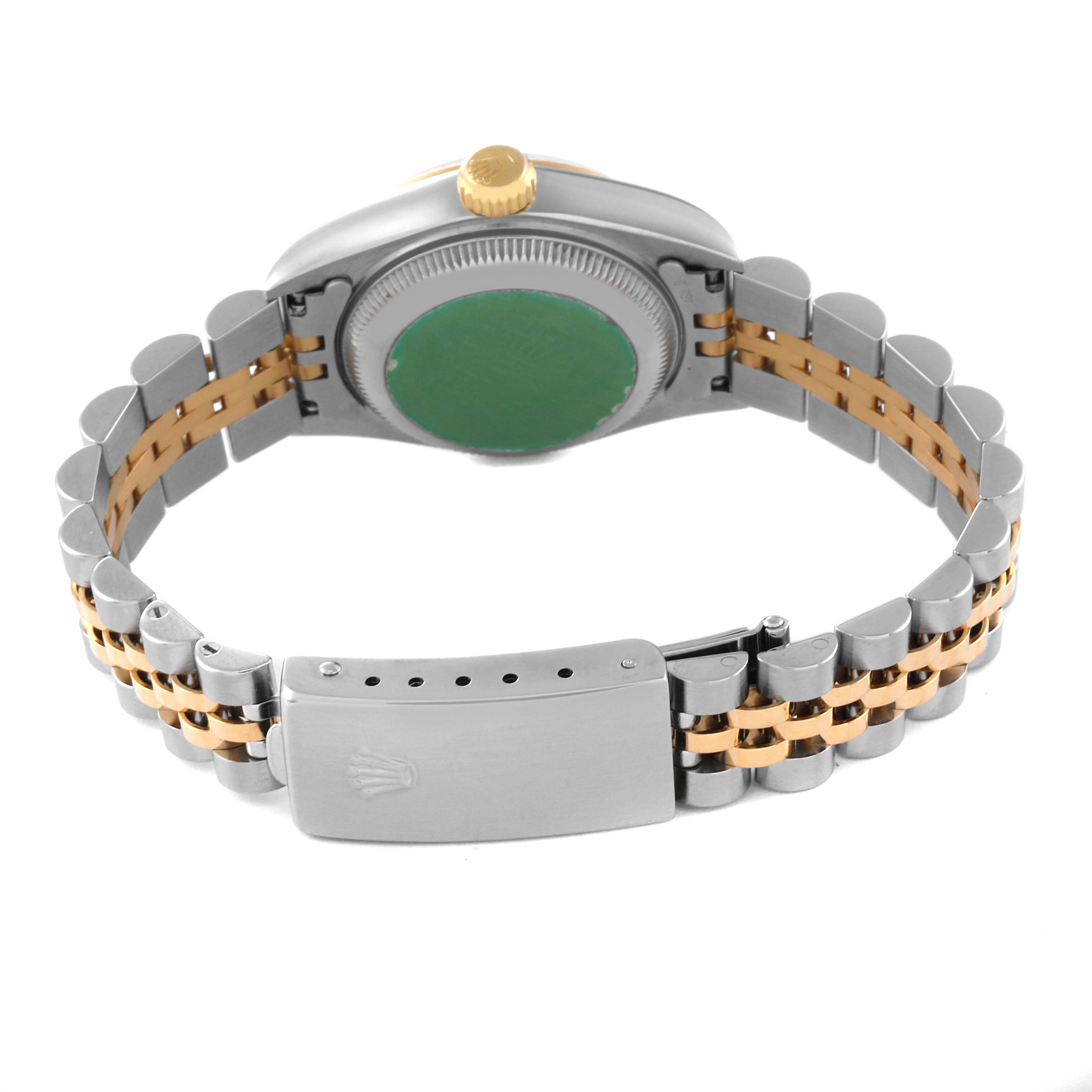 This image shows the back view of a Rolex Datejust 69173 Women's Steel and Gold (two tone) Champagne Dial 69173 Women's Steel and Gold (two tone) Champagne Dial watch, highlighting the case, crown, bracelet, and clasp.