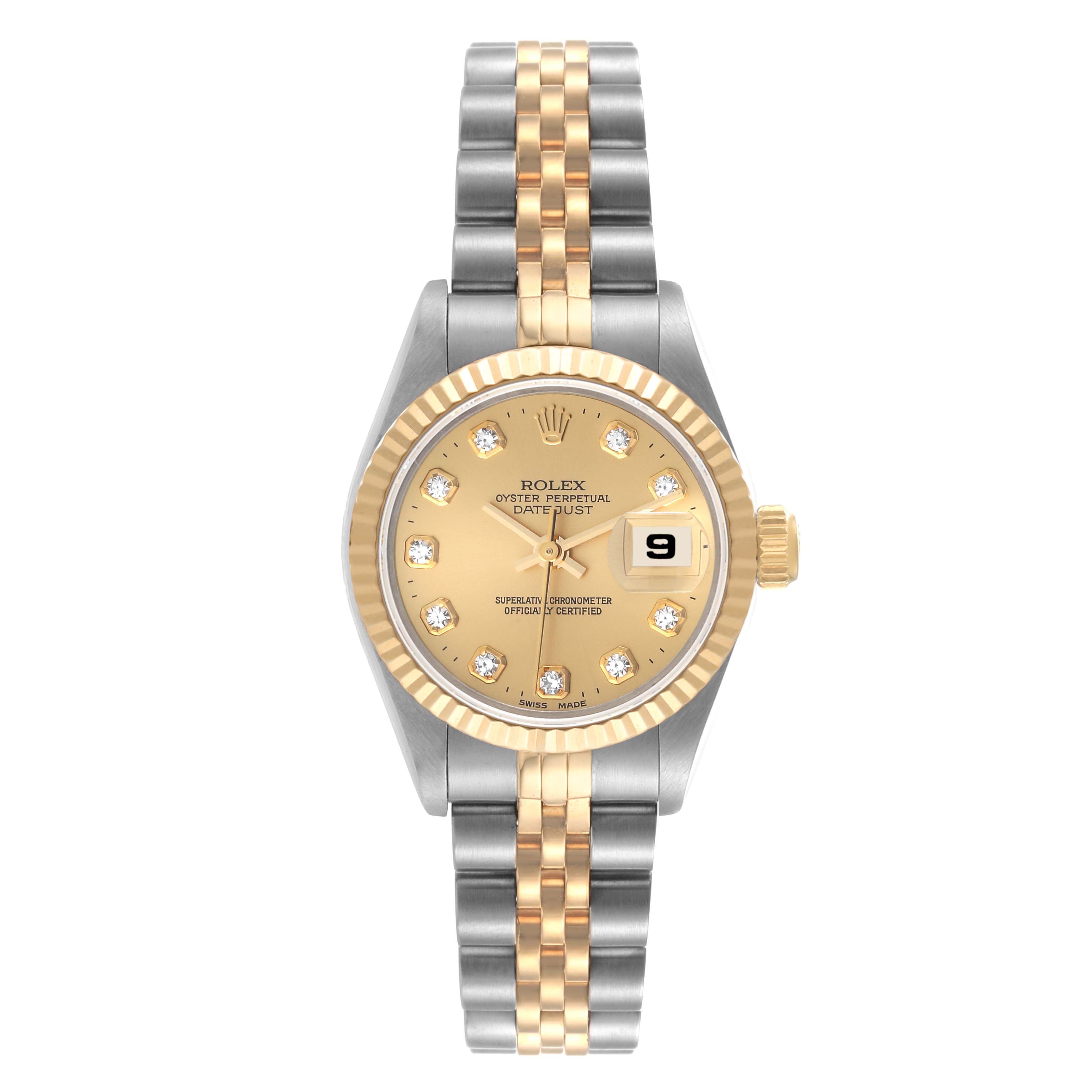 This Rolex Datejust 69173 Women's Steel and Gold (two tone) Champagne Dial 69173 Women's Steel and Gold (two tone) Champagne Dial watch is shown from the front, featuring a two-tone bracelet, gold dial, fluted bezel, and date window.