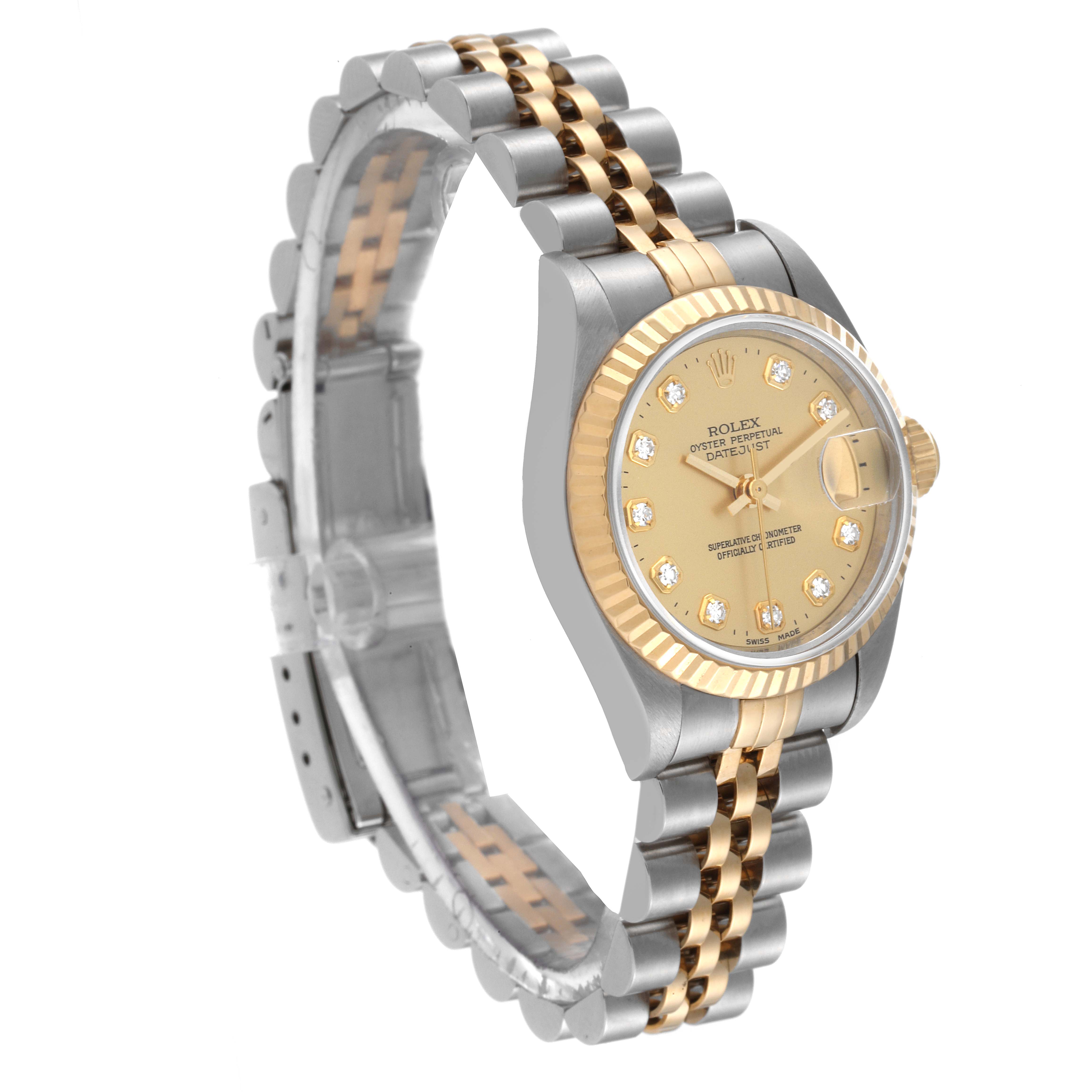The image shows the Rolex Datejust 69173 Women's Steel and Gold (two tone) Champagne Dial 69173 Women's Steel and Gold (two tone) Champagne Dial watch at an angled side view, highlighting the two-tone bracelet, fluted bezel, and champagne dial.