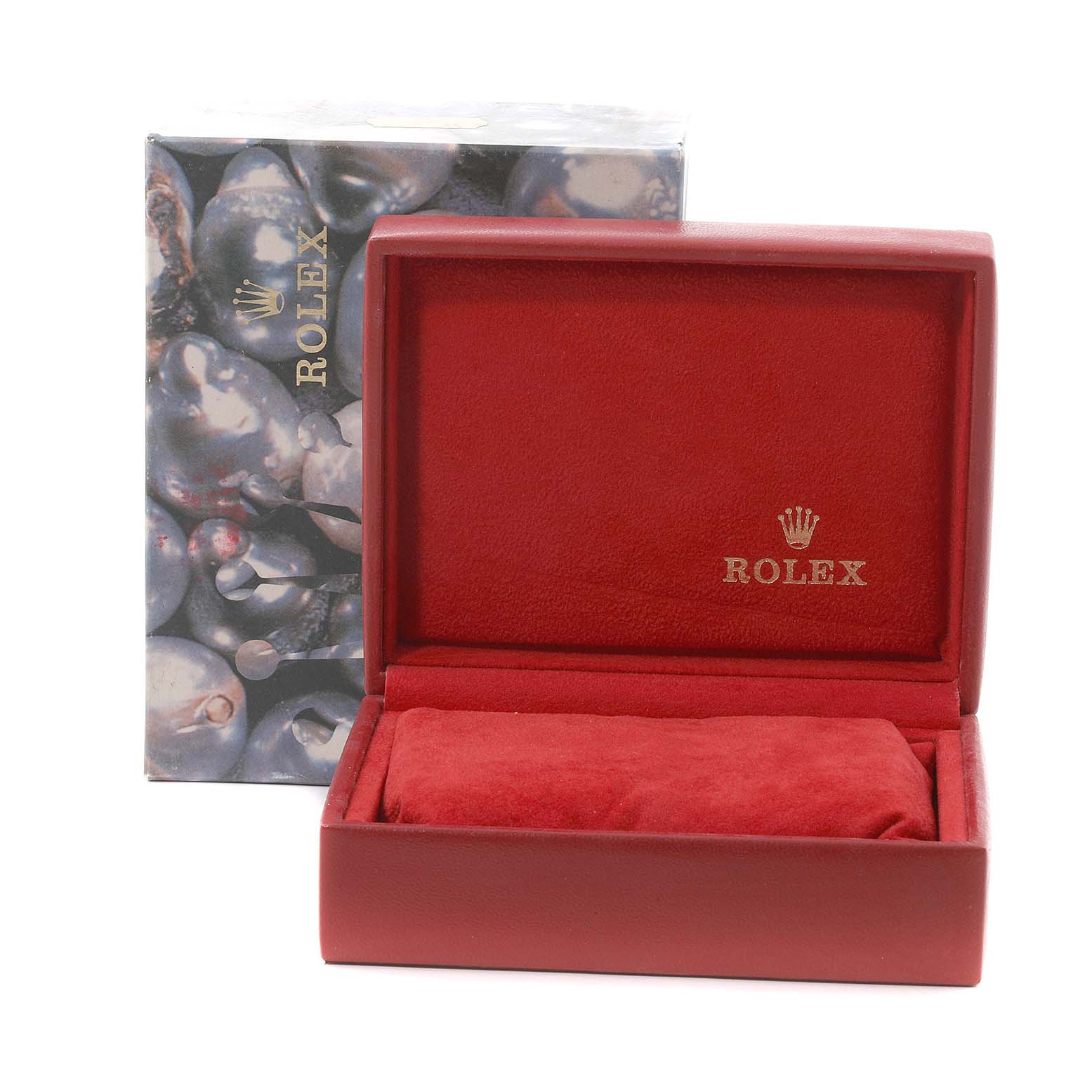 The image shows a red Rolex watch box for the Datejust model, with the lid open and the logo visible inside.