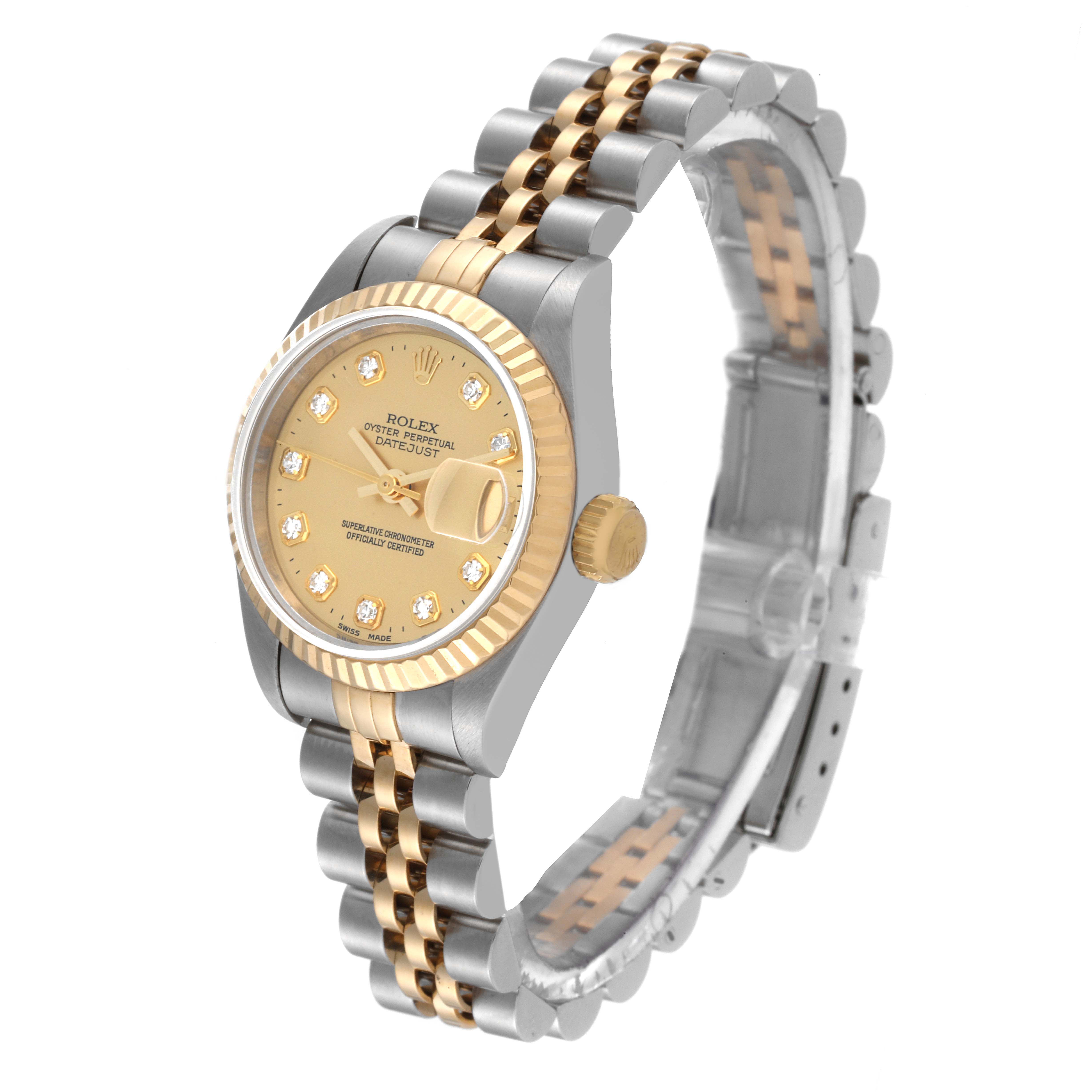 The image shows a Rolex Datejust 69173 Women's Steel and Gold (two tone) Champagne Dial 69173 Women's Steel and Gold (two tone) Champagne Dial watch at a three-quarter angle, highlighting the face, bezel, and two-tone bracelet.