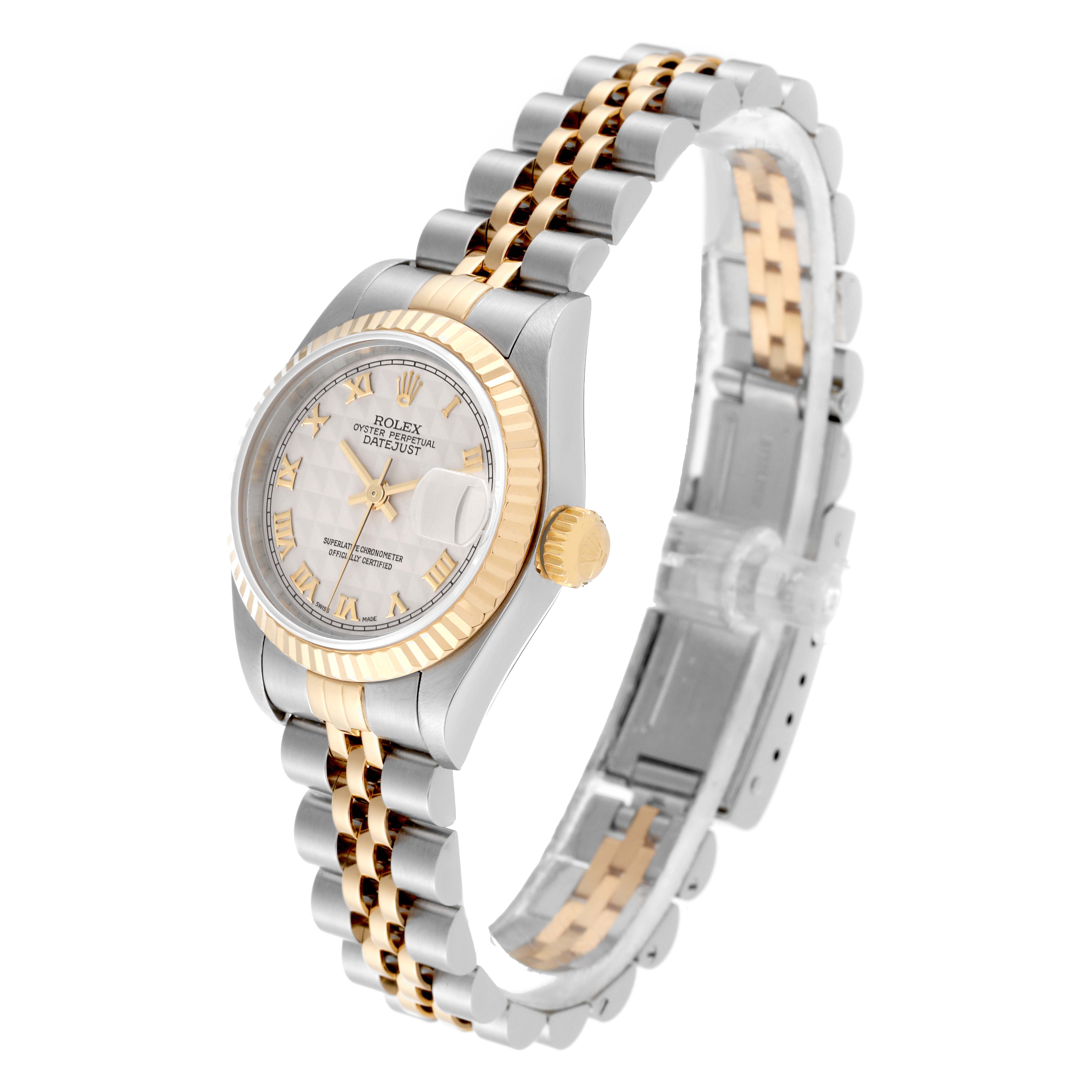 The Rolex Datejust 79173 Women's Steel and Gold (two tone) White Dial 79173 Women's Steel and Gold (two tone) White Dial watch is shown at a three-quarter angle, displaying the dial, crown, and two-tone bracelet.