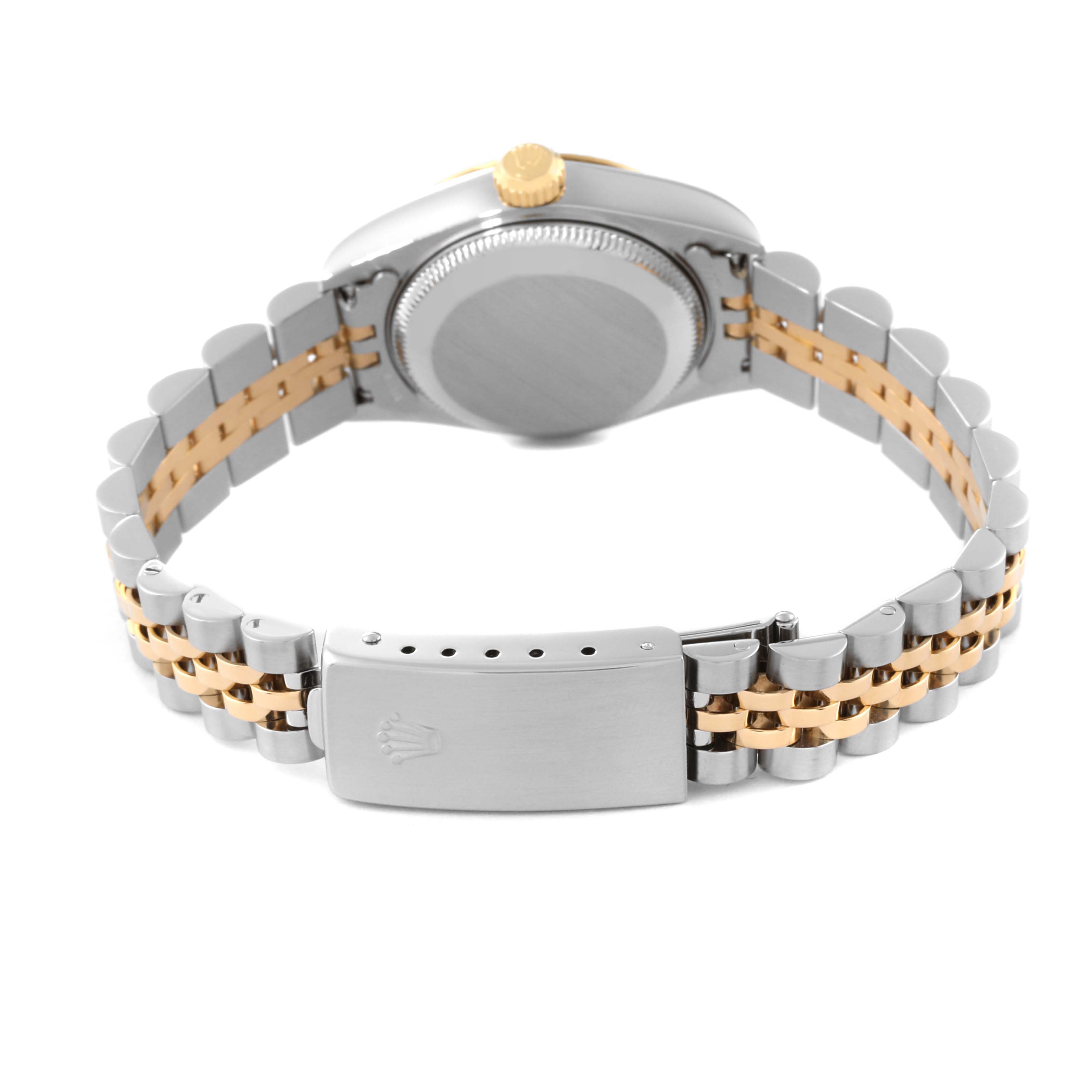 The image shows the back case and bracelet of a Rolex Datejust 79173 Women's Steel and Gold (two tone) White Dial 79173 Women's Steel and Gold (two tone) White Dial watch, highlighting the clasp and two-tone bracelet.