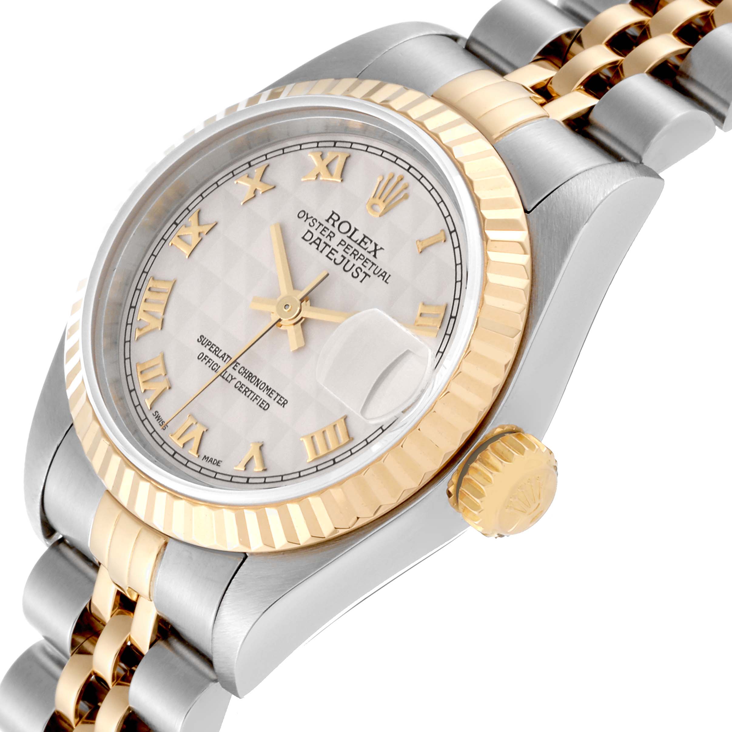 The image shows a close-up angle of a Rolex Datejust 79173 Women's Steel and Gold (two tone) White Dial 79173 Women's Steel and Gold (two tone) White Dial watch, highlighting the dial, bezel, crown, and part of the bracelet.