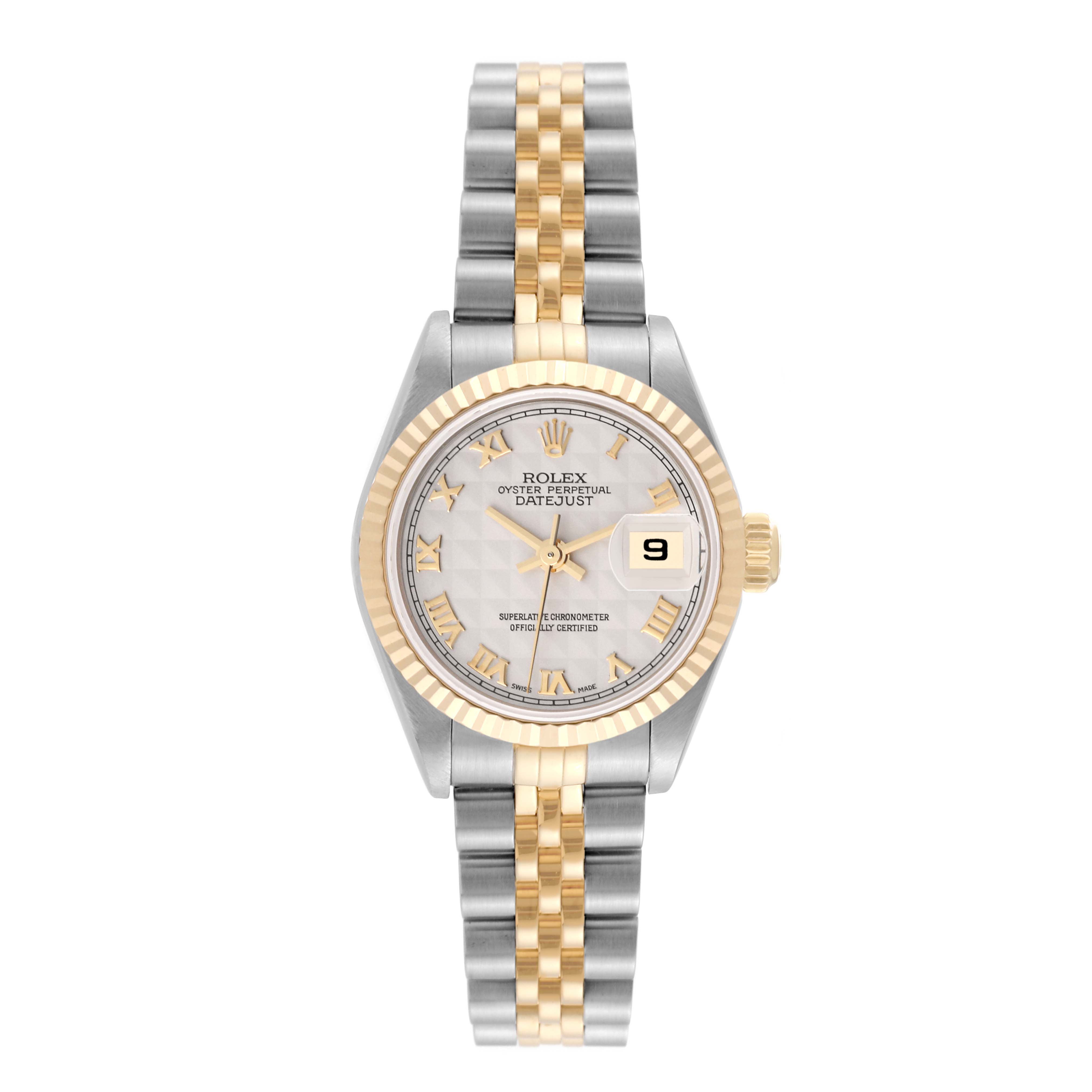 This is a front view of a Rolex Datejust 79173 Women's Steel and Gold (two tone) White Dial 79173 Women's Steel and Gold (two tone) White Dial watch, showing the dial, bezel, crown, and bracelet.