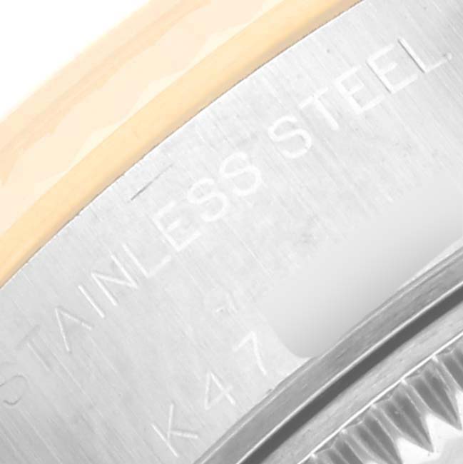 This close-up image shows the stainless steel case back of a Rolex Datejust 79173 Women's Steel and Gold (two tone) White Dial 79173 Women's Steel and Gold (two tone) White Dial watch.