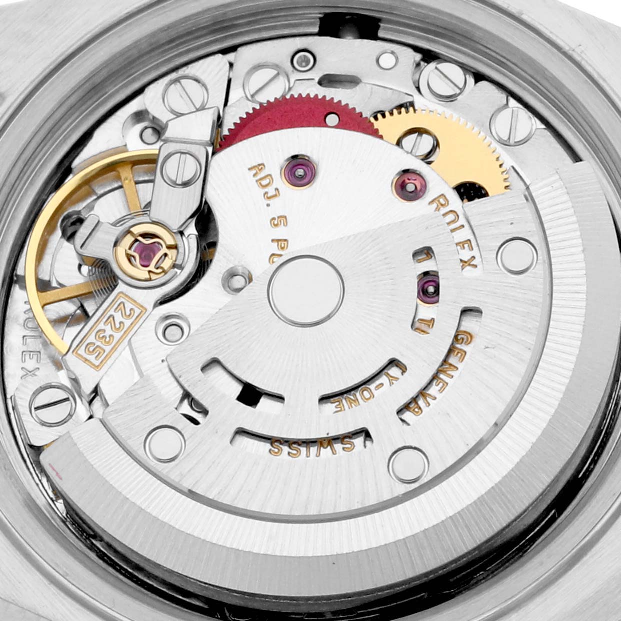 This is a close-up of the movement inside a Rolex Datejust 79173 Women's Steel and Gold (two tone) White Dial 79173 Women's Steel and Gold (two tone) White Dial watch, showing its internal mechanical components.