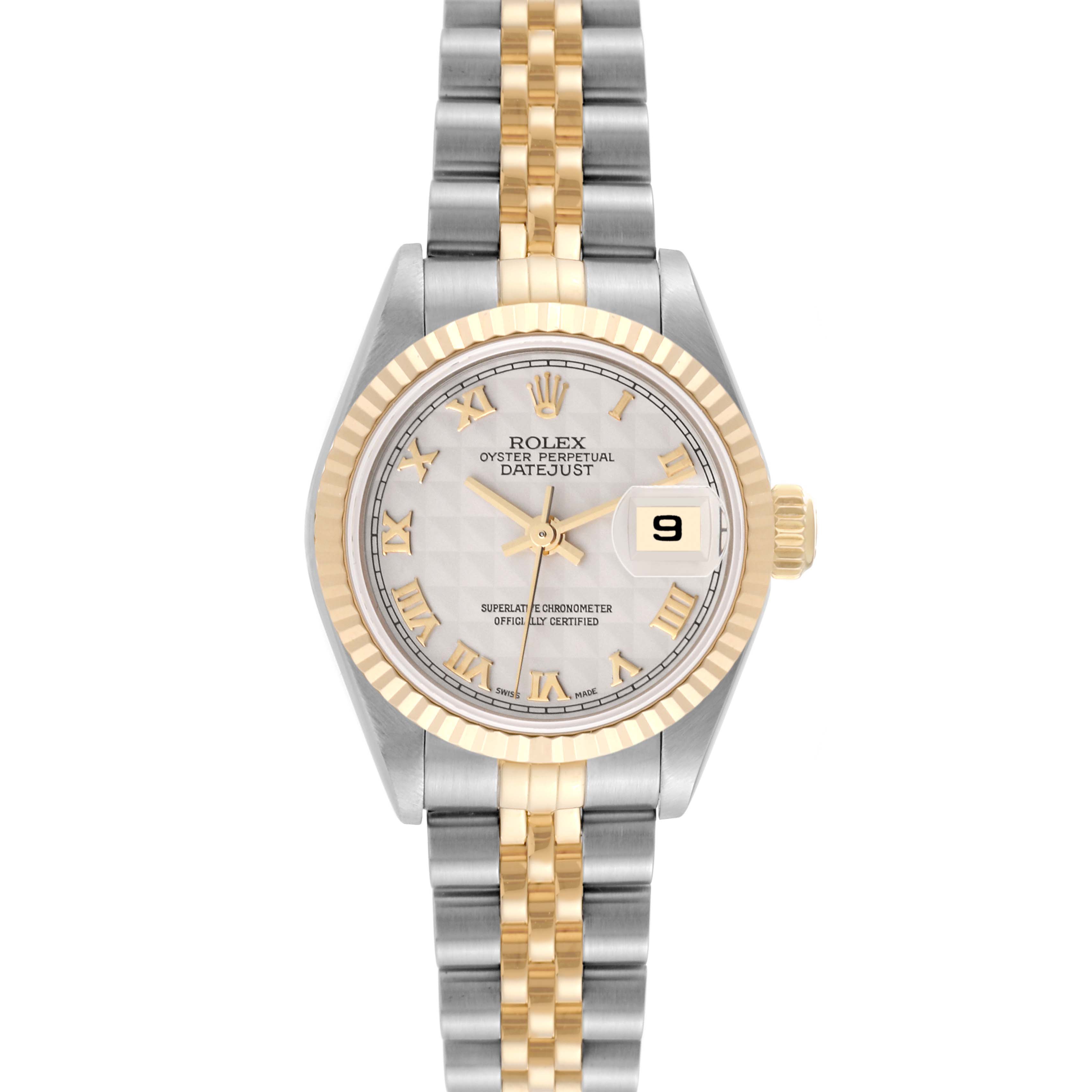 This is a front view of a Rolex Datejust 79173 Women's Steel and Gold (two tone) White Dial 79173 Women's Steel and Gold (two tone) White Dial watch, showing the dial, bezel, and two-tone bracelet.