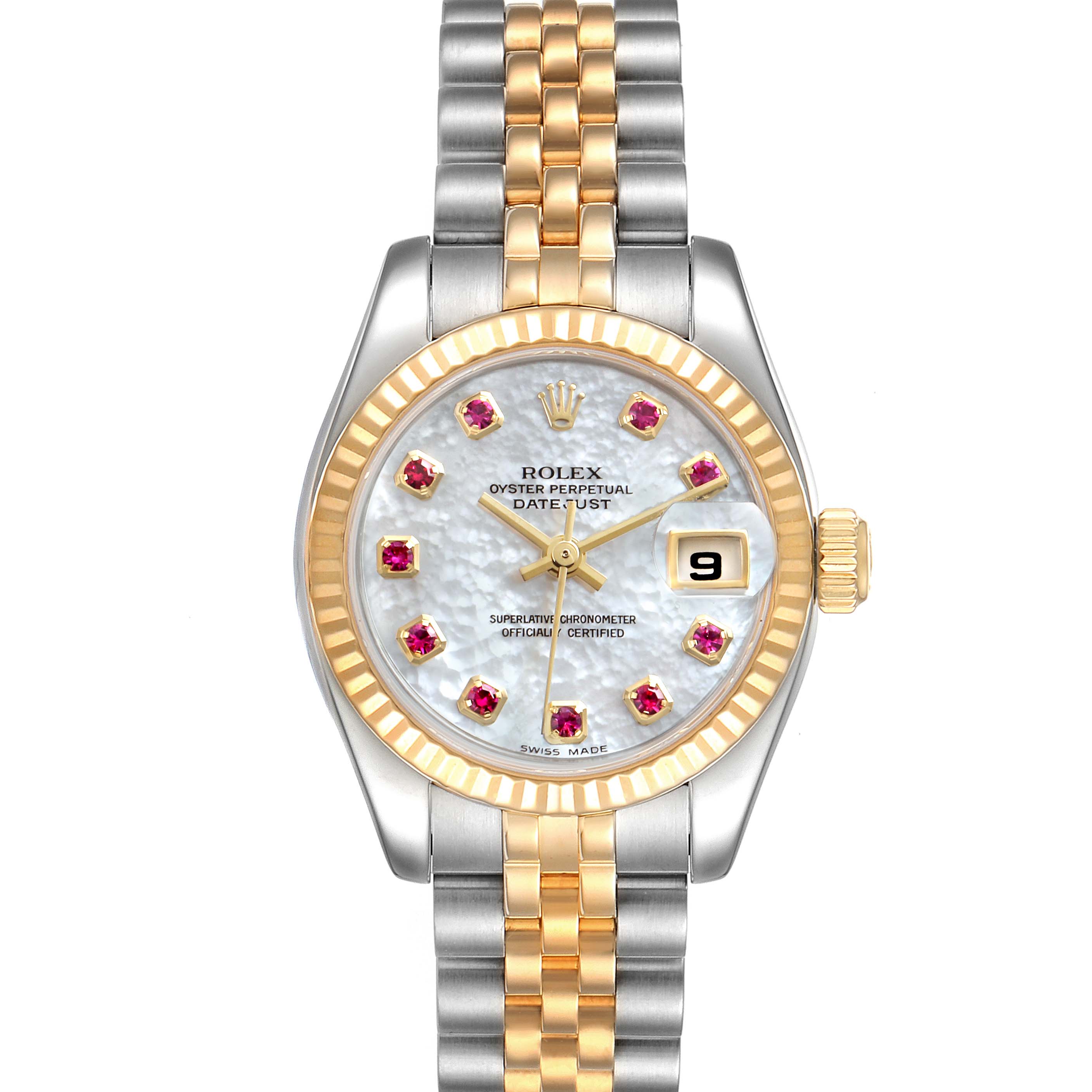 The Rolex Datejust 179173 Women's Steel and Gold (two tone) Mother of Pearl Dial 179173 Women's Steel and Gold (two tone) Mother of Pearl Dial watch is shown from a top-down angle, displaying the face, bezel, crown, and bracelet.