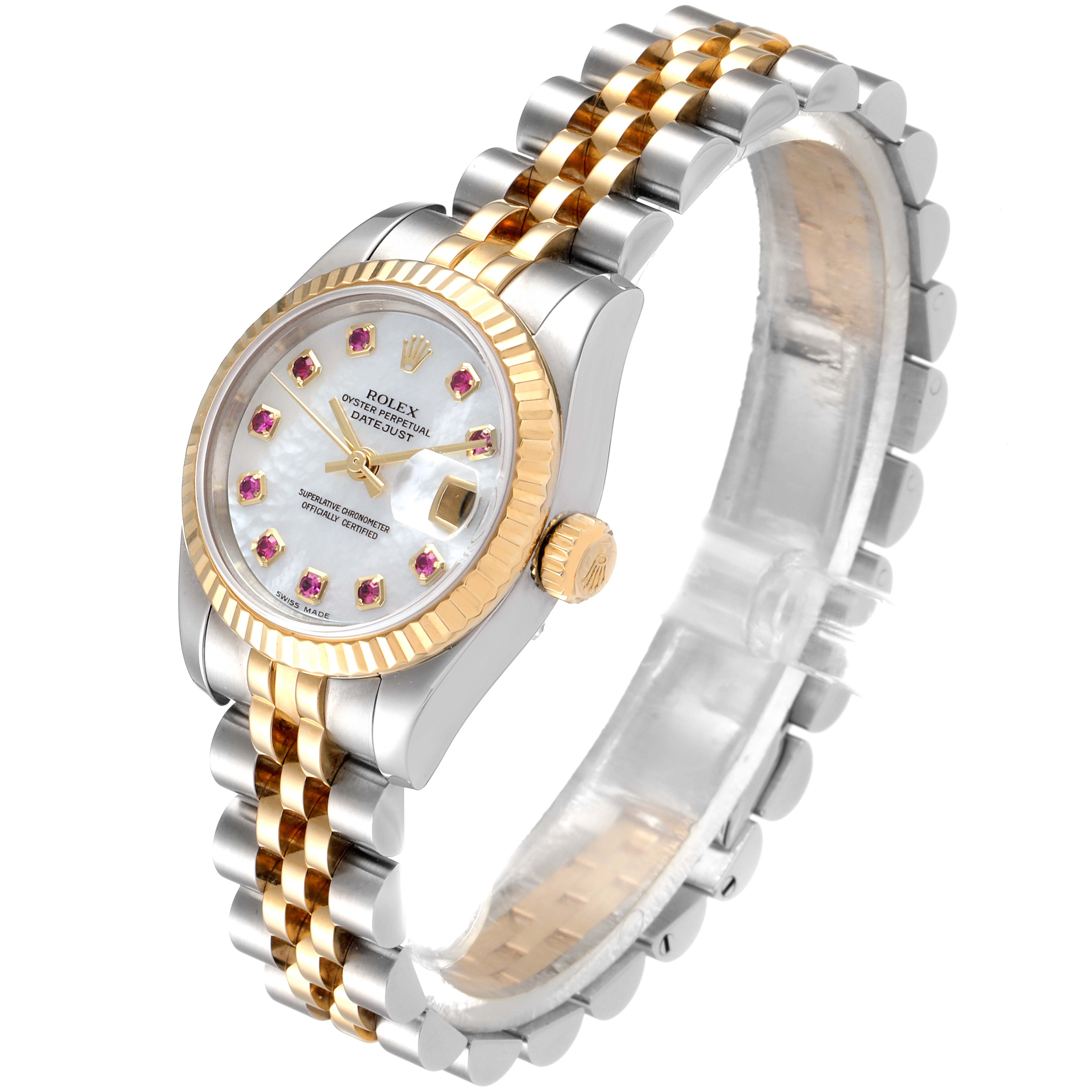 The image shows a Rolex Datejust 179173 Women's Steel and Gold (two tone) Mother of Pearl Dial 179173 Women's Steel and Gold (two tone) Mother of Pearl Dial watch from an oblique angle, highlighting the dial, bezel, crown, and two-tone bracelet.