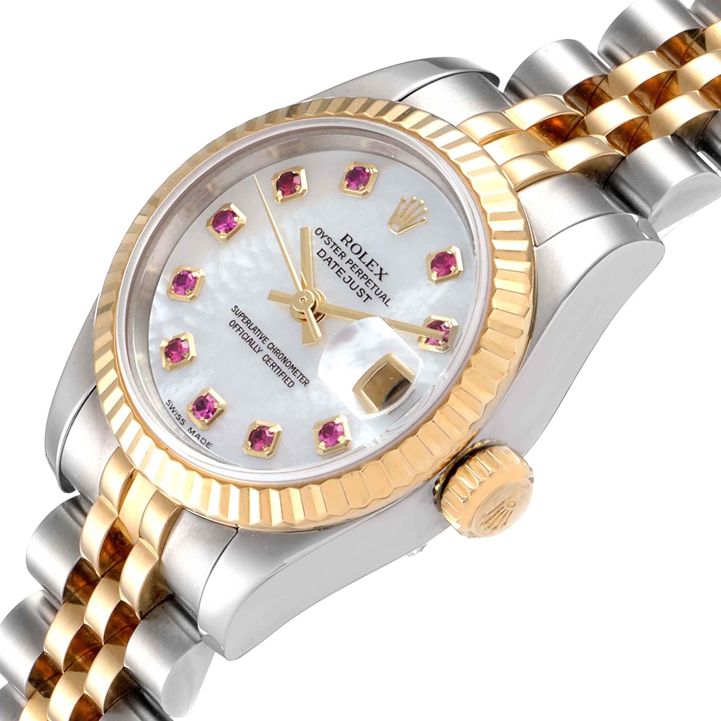 The image shows a close-up angle of a Rolex Datejust 179173 Women's Steel and Gold (two tone) Mother of Pearl Dial 179173 Women's Steel and Gold (two tone) Mother of Pearl Dial watch featuring its face, bezel, and part of its bracelet.