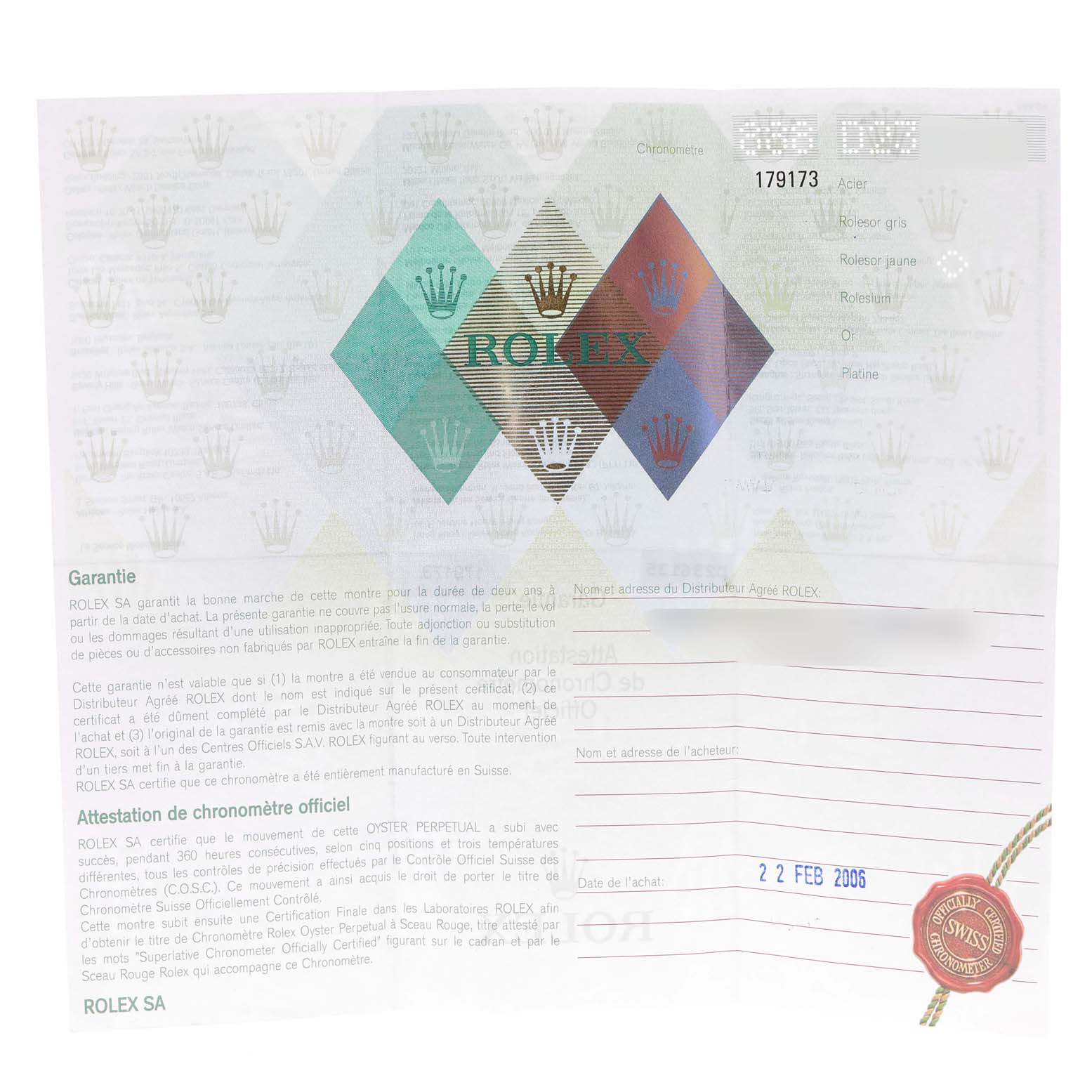 This image shows a warranty card for the Rolex Datejust 179173 Women's Steel and Gold (two tone) Mother of Pearl Dial 179173 Women's Steel and Gold (two tone) Mother of Pearl Dial model.