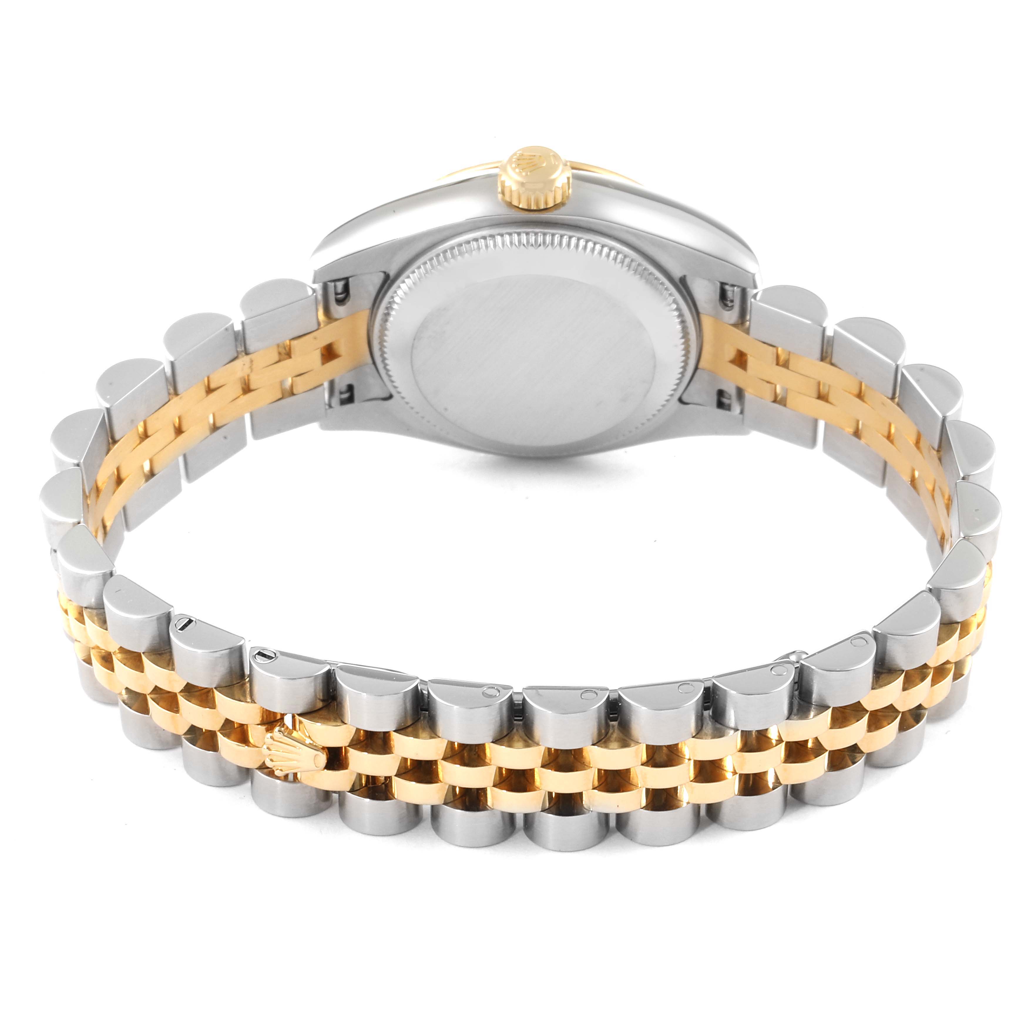 This Rolex Datejust 179173 Women's Steel and Gold (two tone) Mother of Pearl Dial 179173 Women's Steel and Gold (two tone) Mother of Pearl Dial watch is shown from the rear, highlighting the jubilee bracelet and case back.