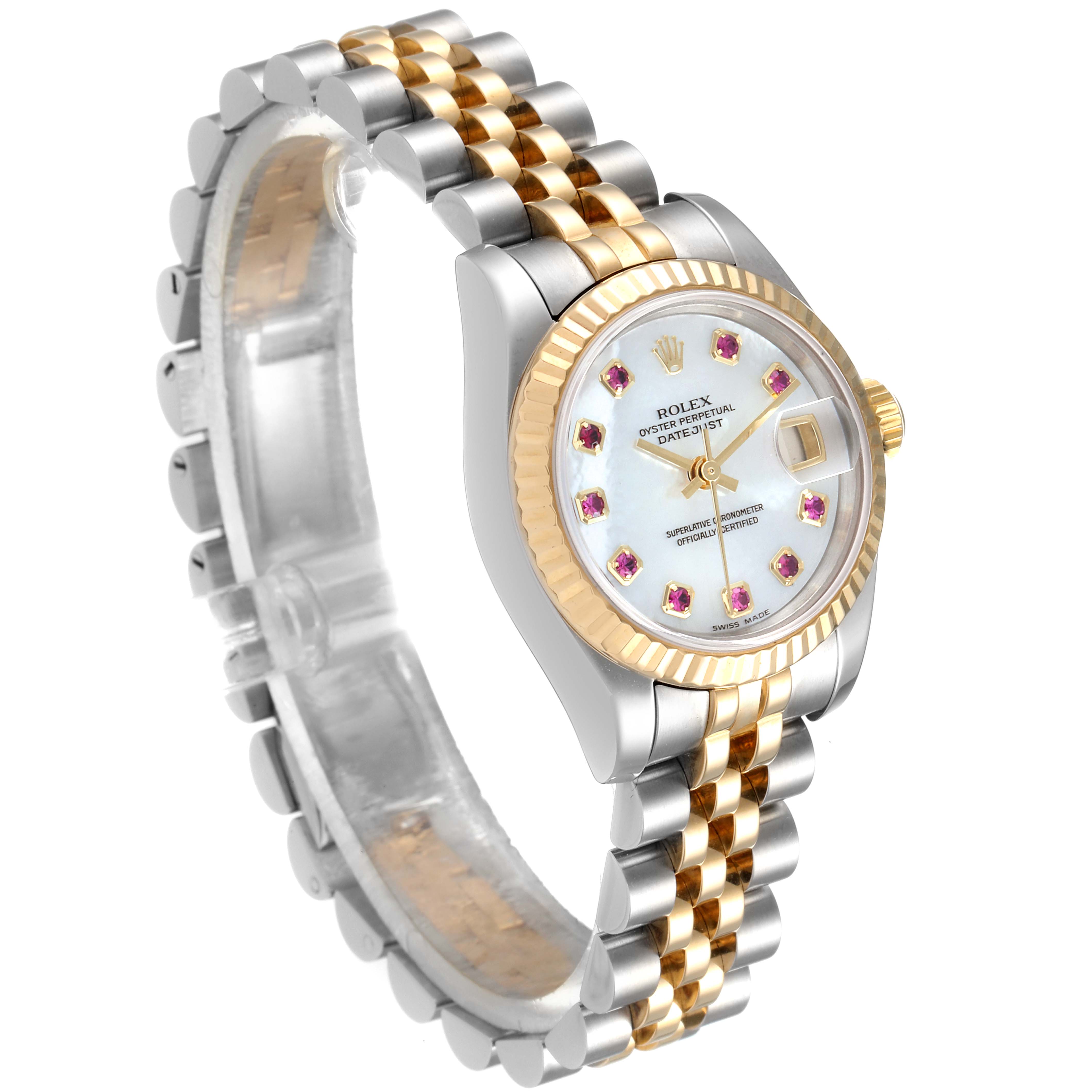 The image shows a Rolex Datejust 179173 Women's Steel and Gold (two tone) Mother of Pearl Dial 179173 Women's Steel and Gold (two tone) Mother of Pearl Dial watch from an angled side view, highlighting the face, bezel, and bracelet.
