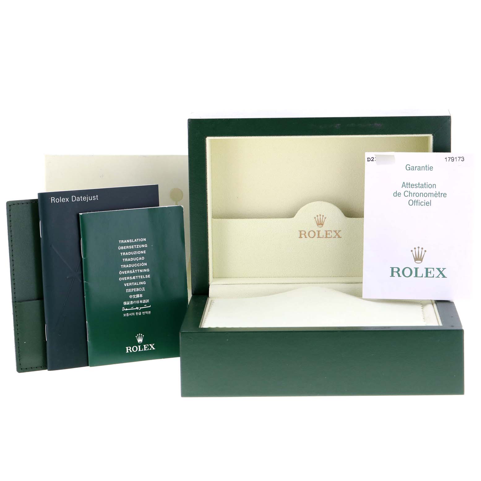 The image shows an open Rolex Datejust 179173 Women's Steel and Gold (two tone) Mother of Pearl Dial 179173 Women's Steel and Gold (two tone) Mother of Pearl Dial watch box along with accompanying booklets and warranty card.