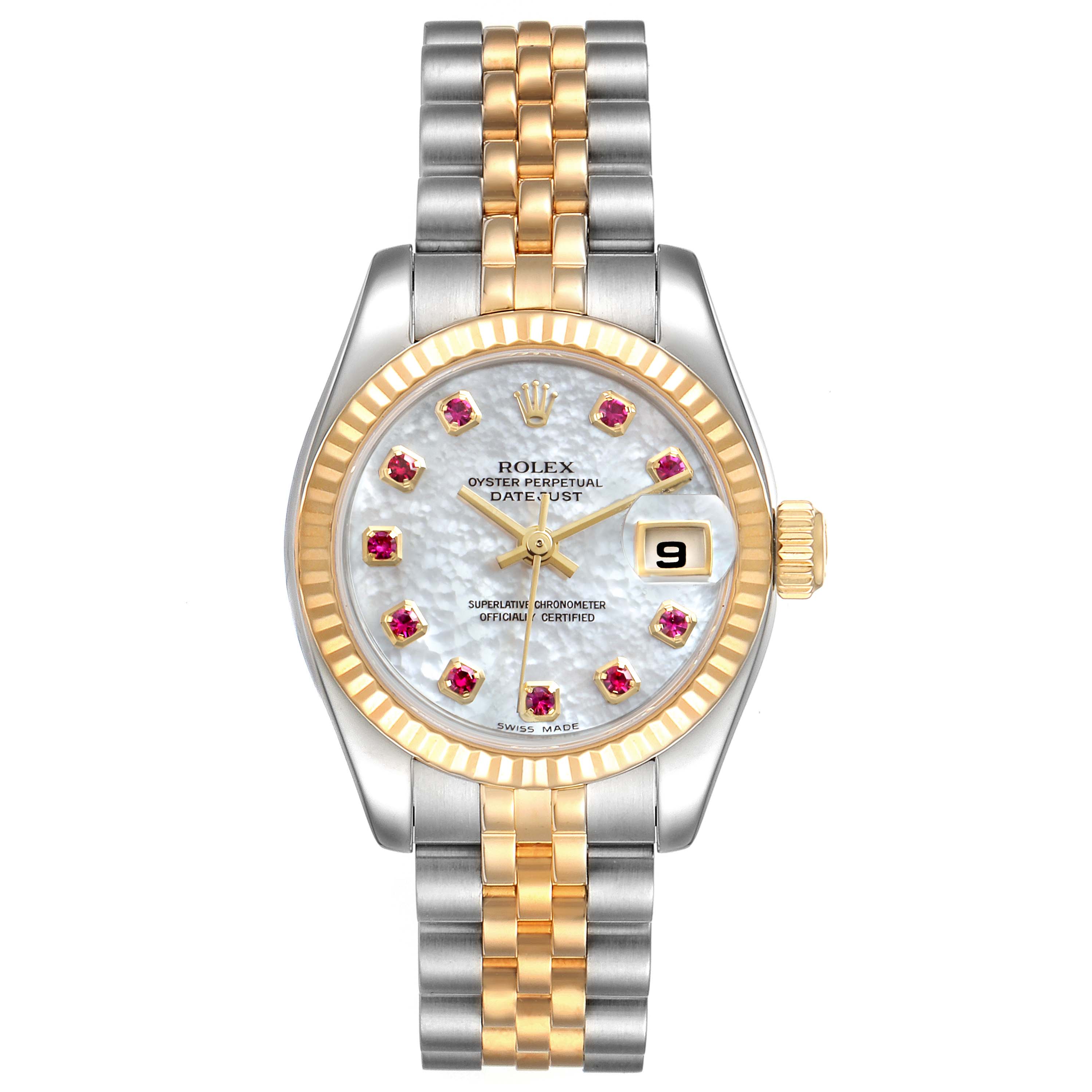 The Rolex Datejust 179173 Women's Steel and Gold (two tone) Mother of Pearl Dial 179173 Women's Steel and Gold (two tone) Mother of Pearl Dial watch is shown from the top, displaying its dial, bezel, crown, and two-tone Jubilee bracelet.