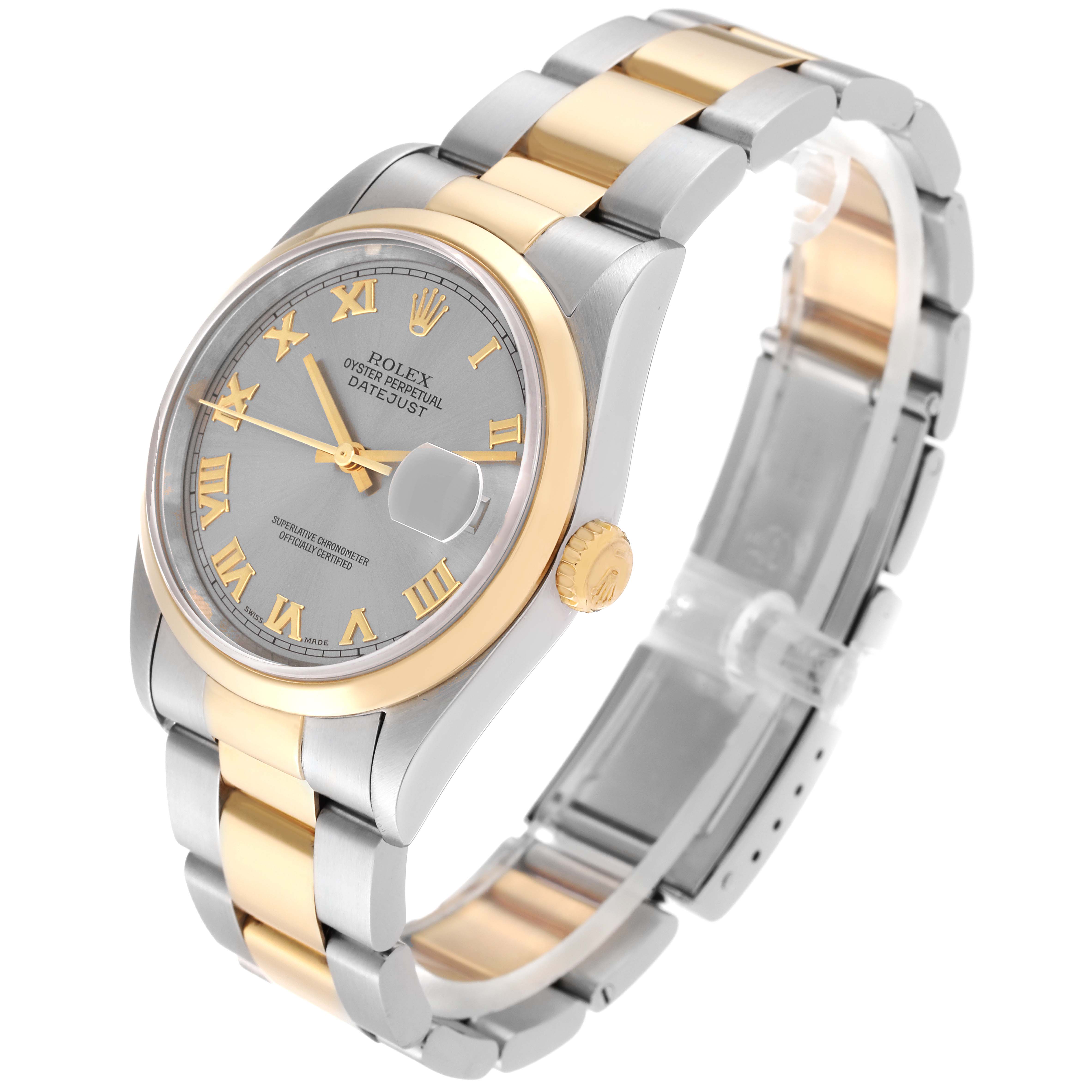 The image shows a Rolex Datejust 16203 Men
s Steel and Gold (two tone) Grey Dial 16203 Men
s Steel and Gold (two tone) Grey Dial watch at a 3/4 angle, highlighting its two-tone metal bracelet, face, and date magnifier.