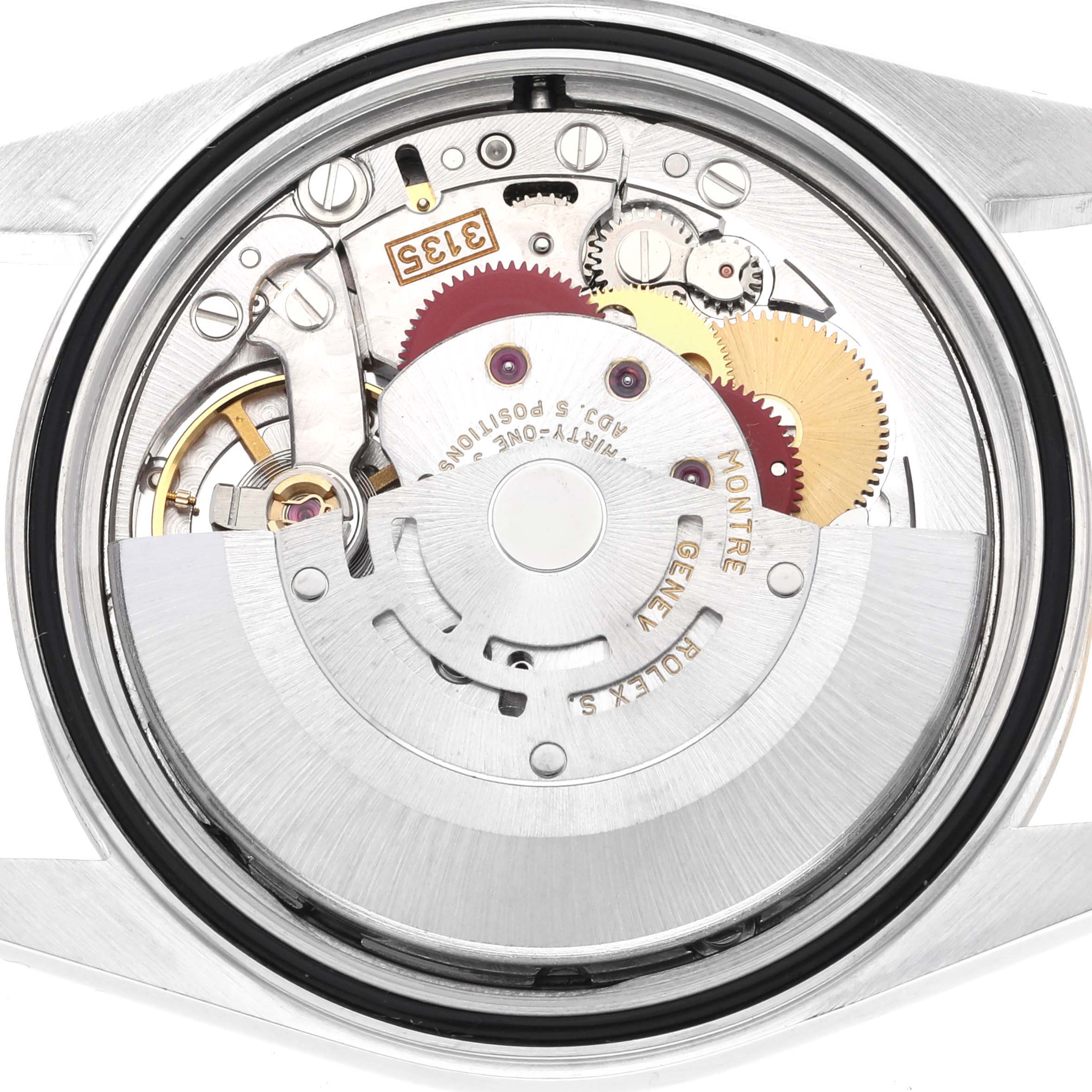 This image shows the internal mechanical movement of a Rolex Datejust 16203 Men
s Steel and Gold (two tone) Grey Dial 16203 Men
s Steel and Gold (two tone) Grey Dial watch from the back view.