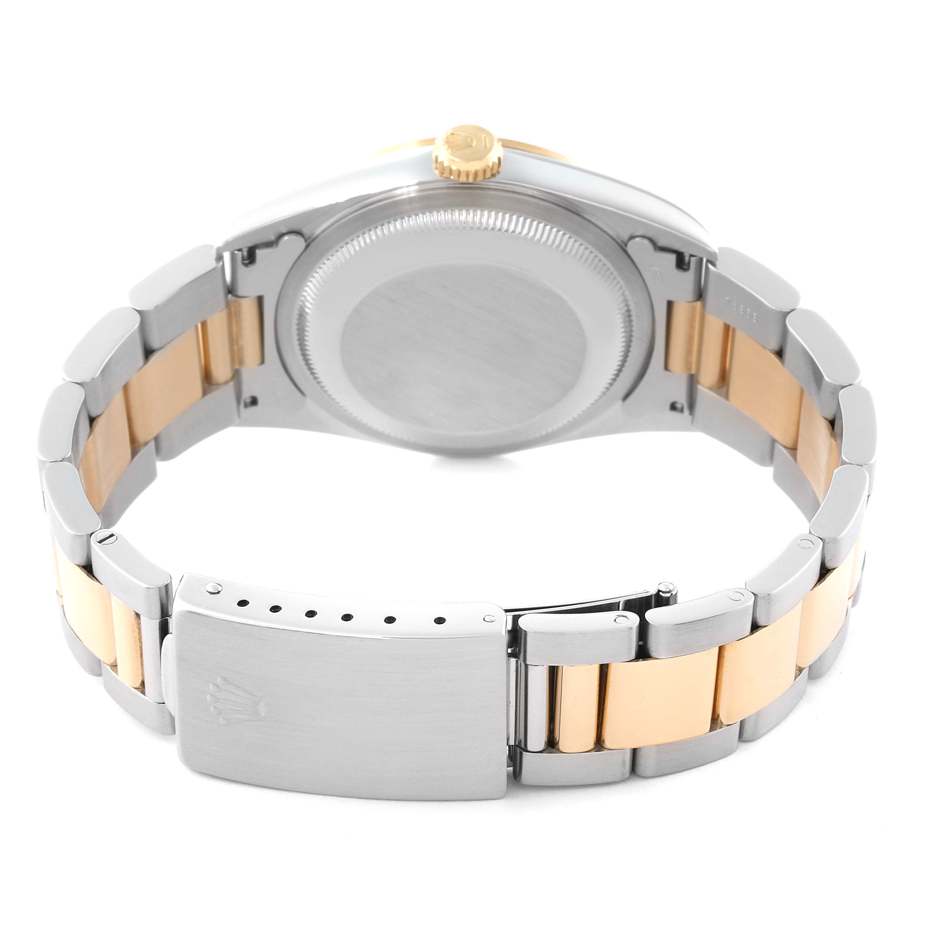 The image shows the back view of a Rolex Datejust 16203 Men
s Steel and Gold (two tone) Grey Dial 16203 Men
s Steel and Gold (two tone) Grey Dial watch, focusing on the clasp, bracelet, and case back.