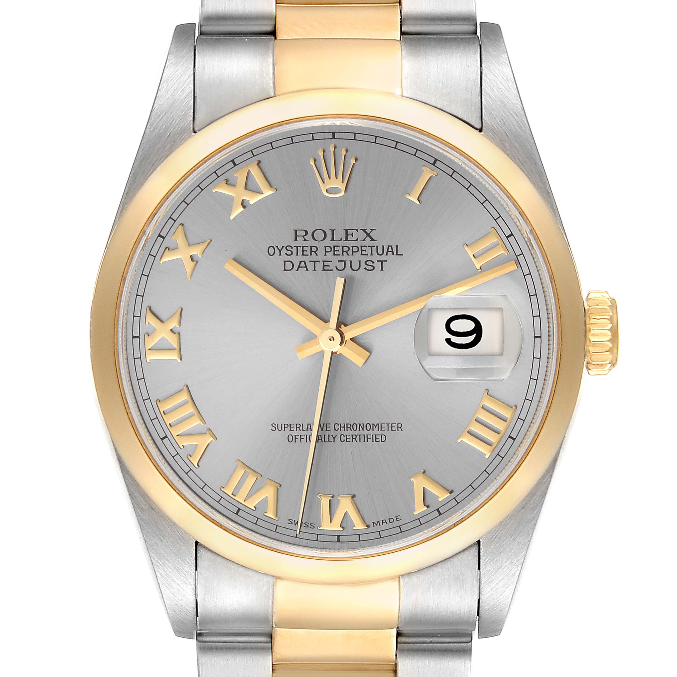 This image shows the front face of the Rolex Datejust 16203 Men
s Steel and Gold (two tone) Grey Dial 16203 Men
s Steel and Gold (two tone) Grey Dial watch, with its silver dial, gold Roman numerals, and date window at 3 o
clock.