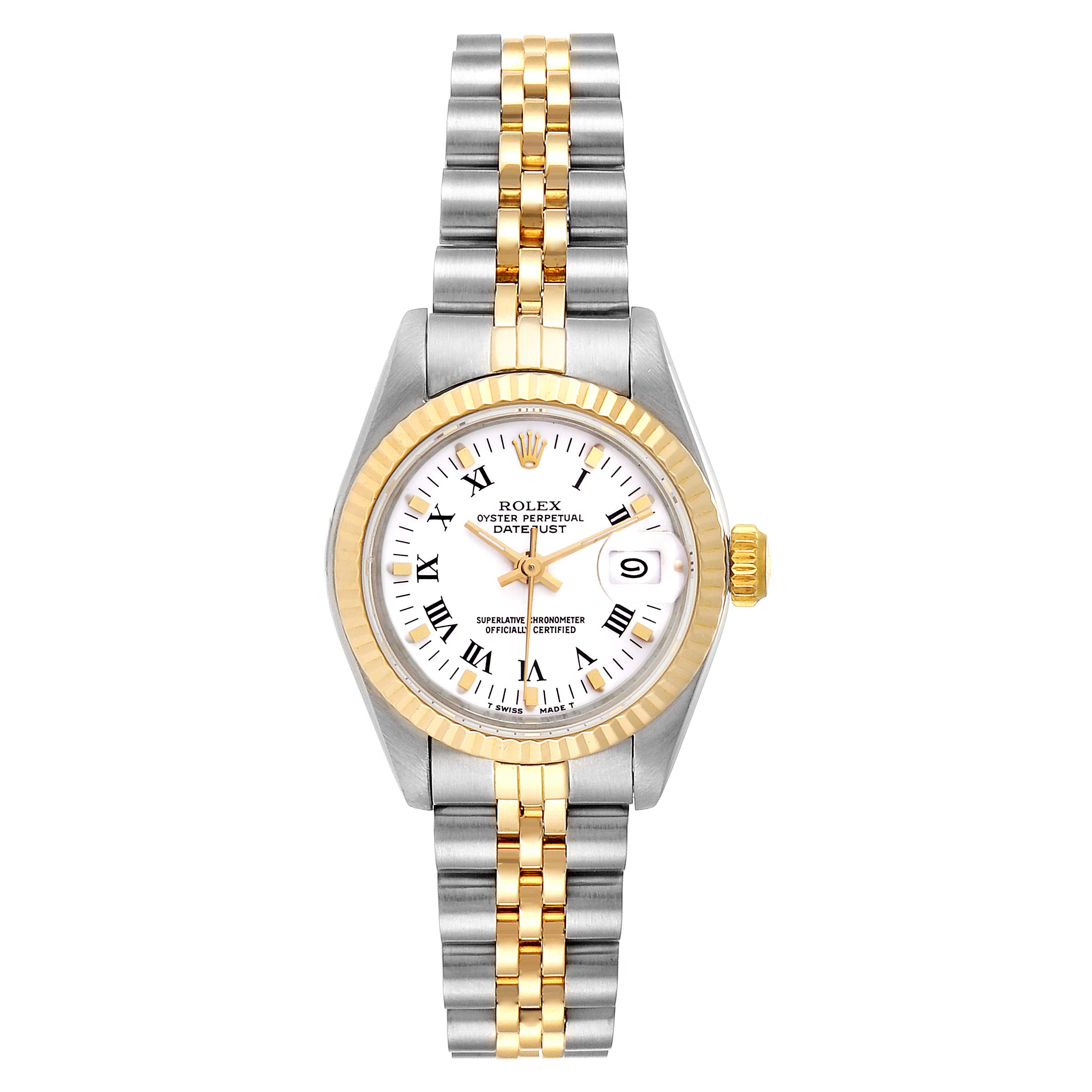 The image shows a front view of a Rolex Datejust 69173 Women
s Steel and Gold (two tone) White Dial 69173 Women
s Steel and Gold (two tone) White Dial watch, displaying its face, bezel, crown, and bracelet.