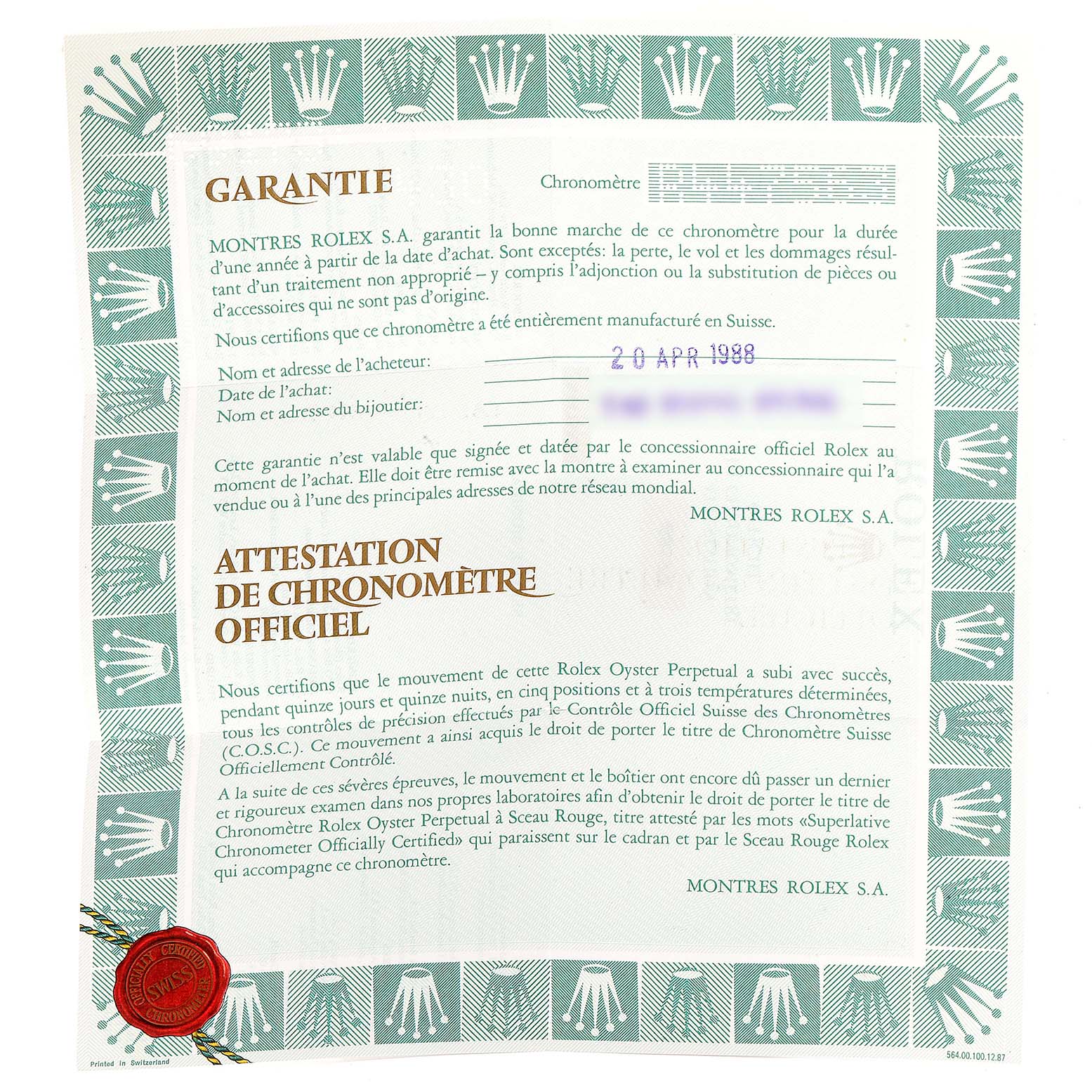 This image shows a guarantee certificate for a Rolex Datejust 69173 Women
s Steel and Gold (two tone) White Dial 69173 Women
s Steel and Gold (two tone) White Dial watch, including warranty and chronometer attestation details.
