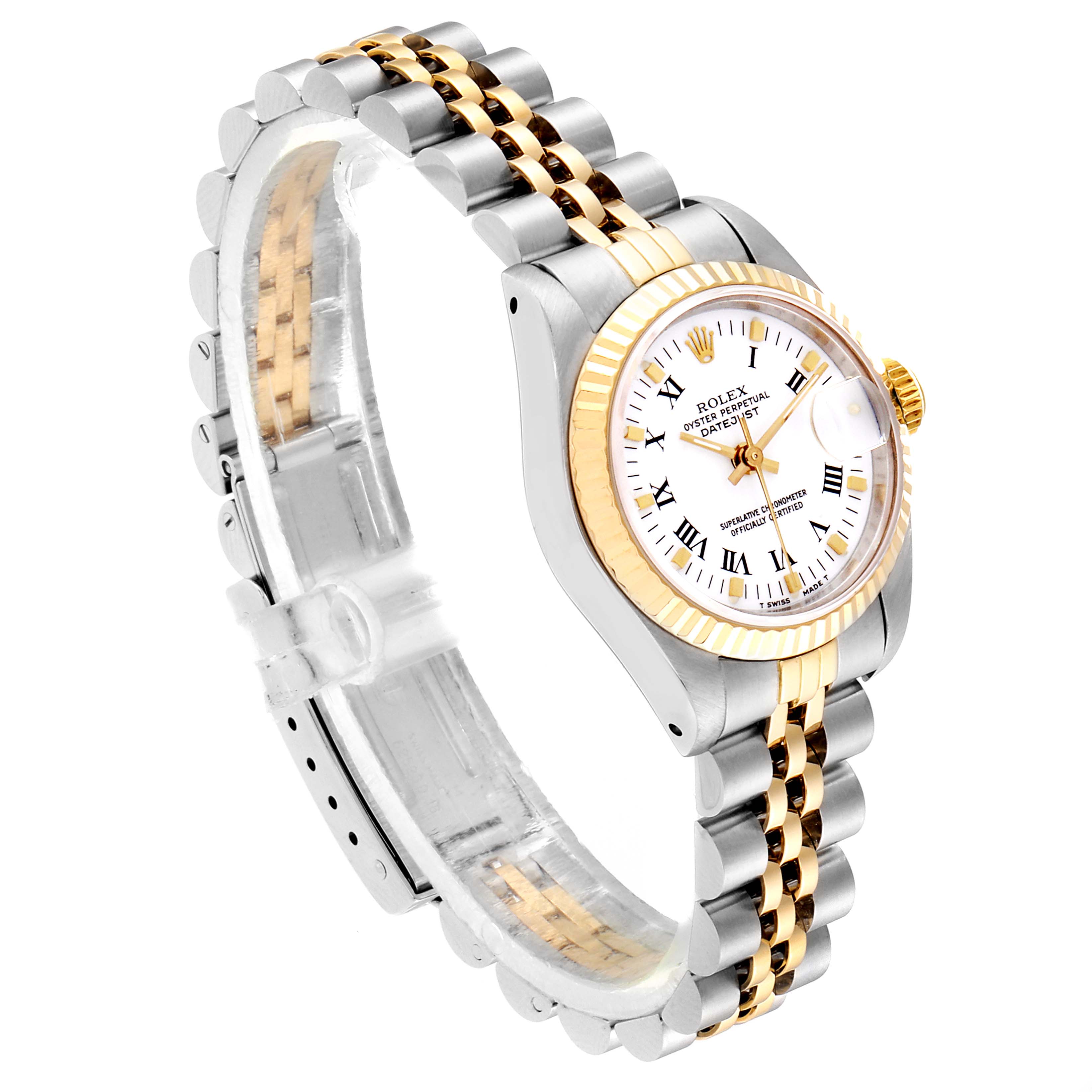 This image shows a Rolex Datejust 69173 Women
s Steel and Gold (two tone) White Dial 69173 Women
s Steel and Gold (two tone) White Dial watch at an angle highlighting the dial, bezel, and two-tone Jubilee bracelet.