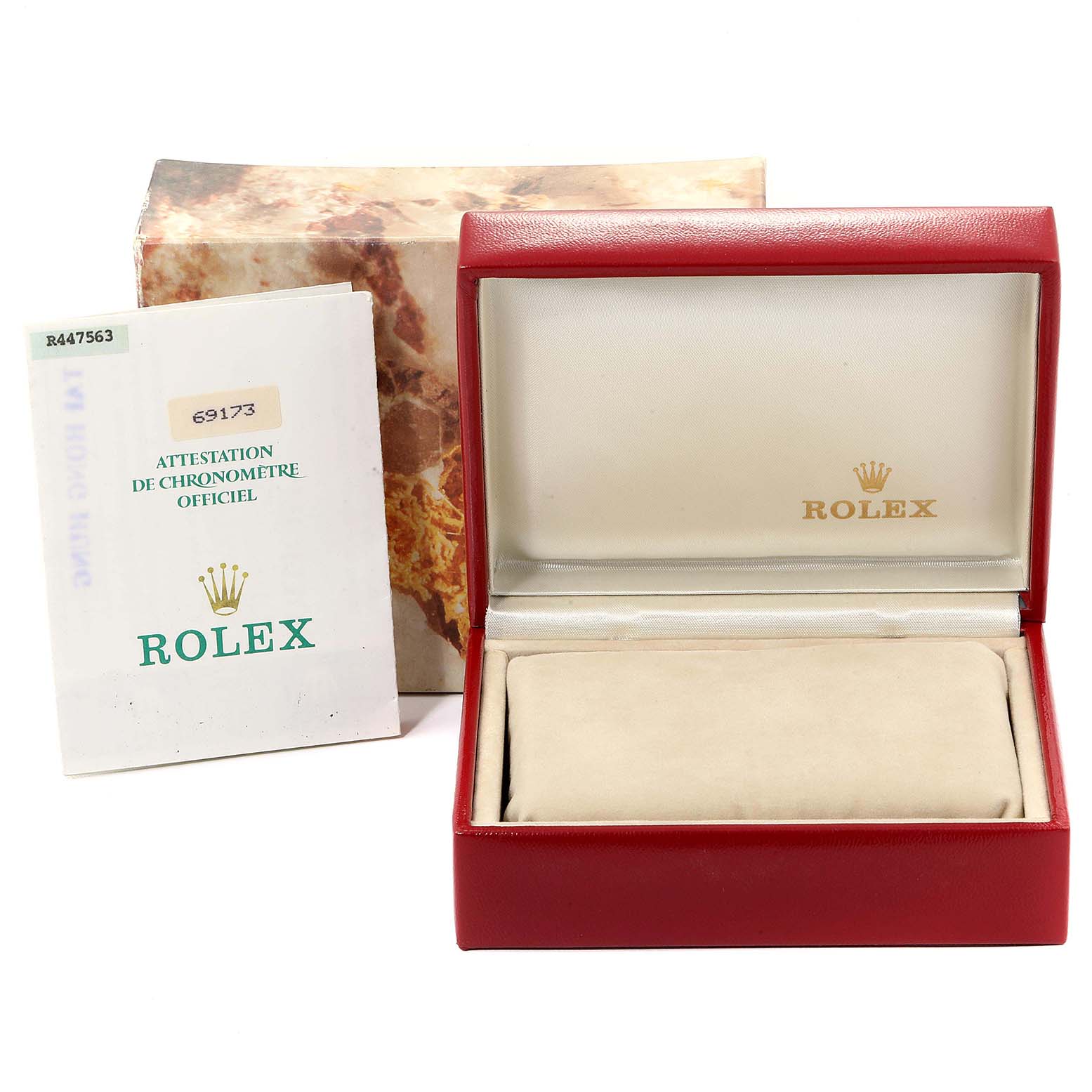 The image shows a Rolex Datejust 69173 Women
s Steel and Gold (two tone) White Dial 69173 Women
s Steel and Gold (two tone) White Dial watch box, official certification document, and outer packaging.