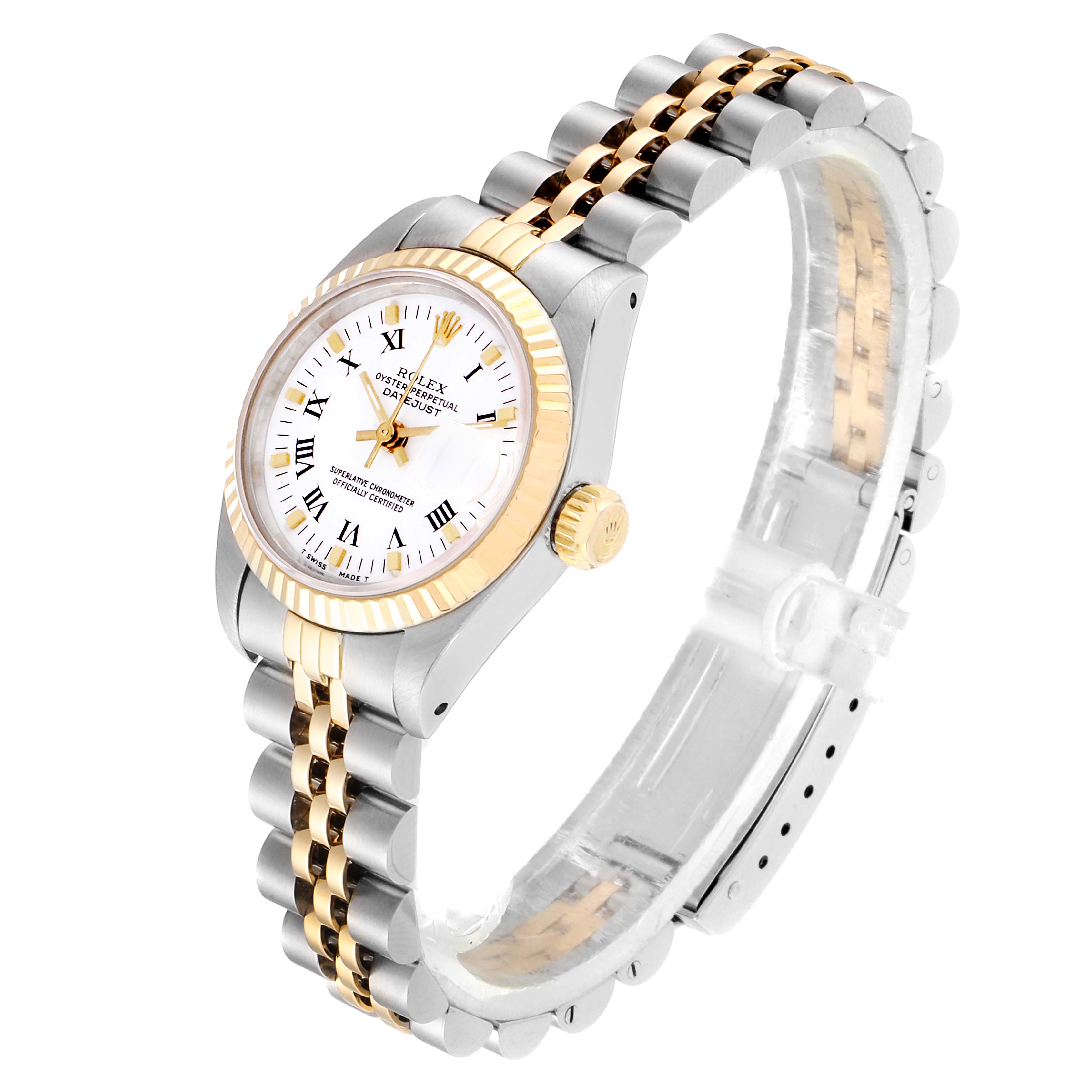 This Rolex Datejust 69173 Women
s Steel and Gold (two tone) White Dial 69173 Women
s Steel and Gold (two tone) White Dial watch is shown from a high side angle, displaying the face, bezel, crown, and bracelet.