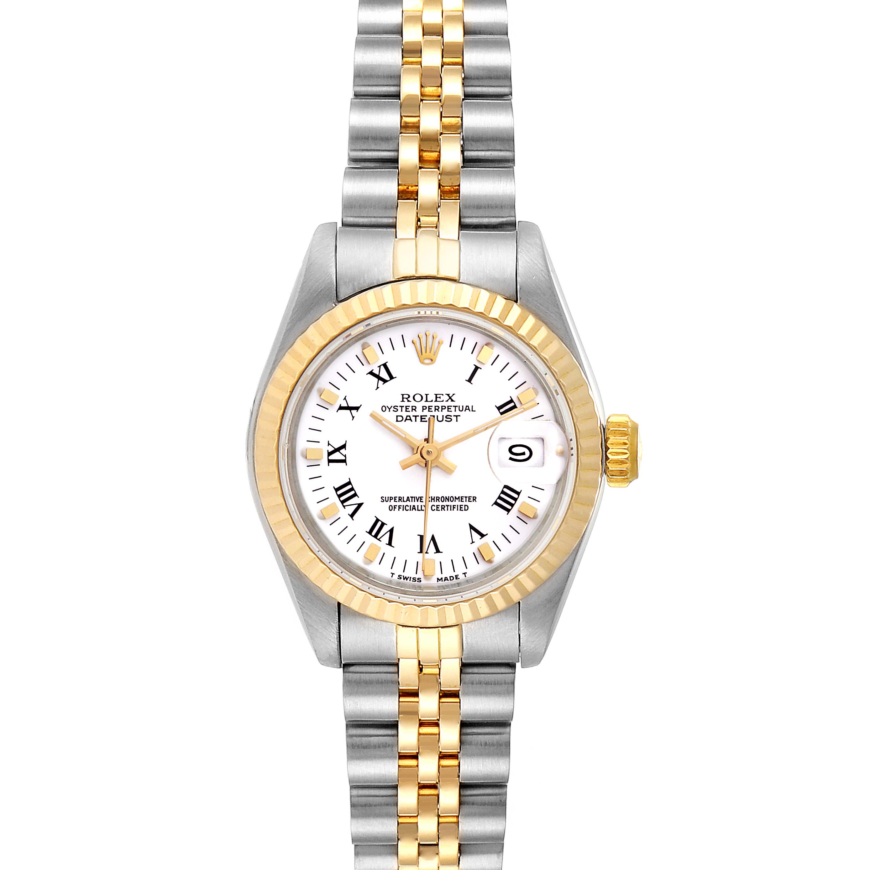The image shows a front view of the Rolex Datejust 69173 Women
s Steel and Gold (two tone) White Dial 69173 Women
s Steel and Gold (two tone) White Dial watch, highlighting the dial, bezel, and bracelet.