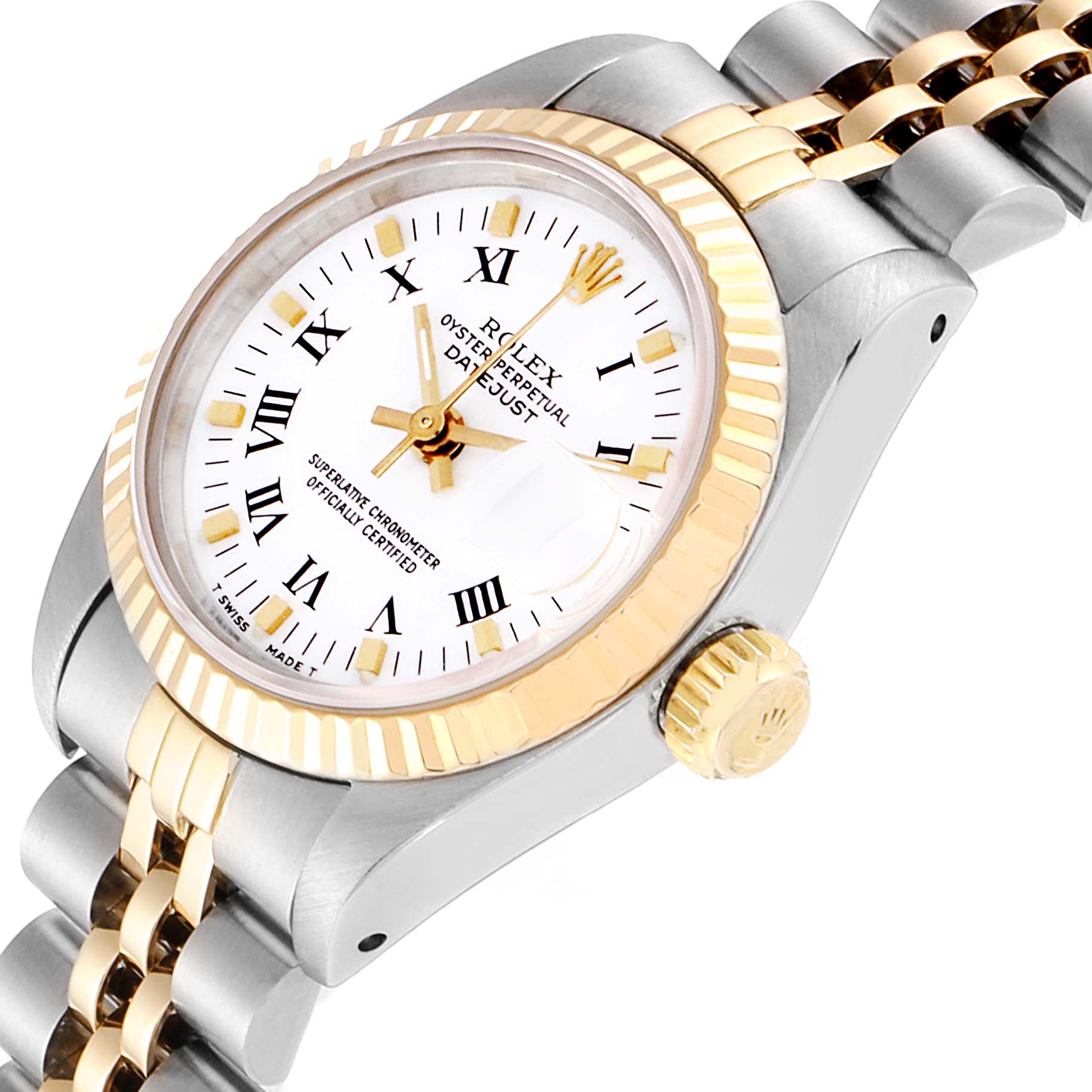 The image shows a Rolex Datejust 69173 Women
s Steel and Gold (two tone) White Dial 69173 Women
s Steel and Gold (two tone) White Dial watch at a slight angle, highlighting the crown, bezel, face, and a portion of the bracelet.