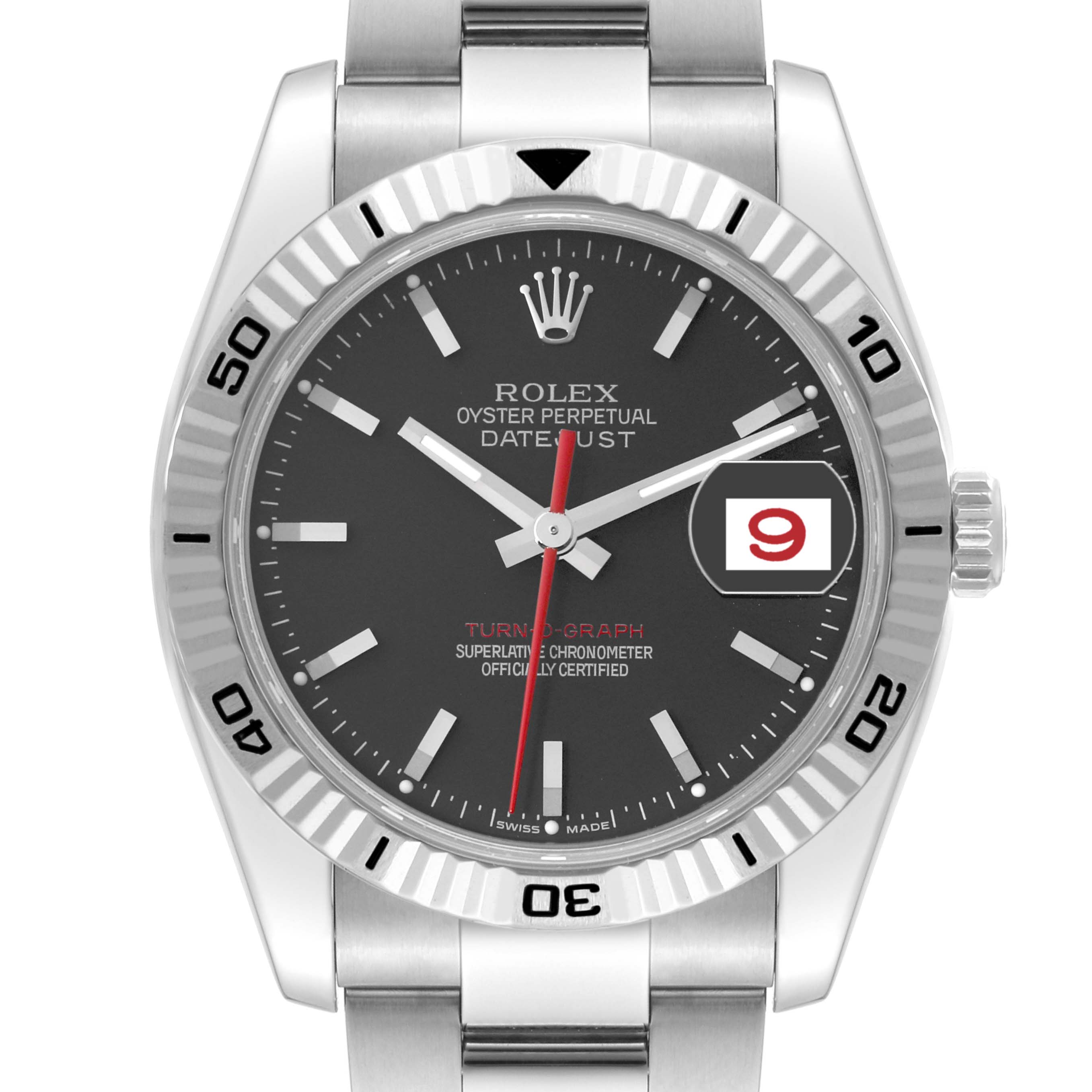 The image shows a front view of the Rolex Turn-o-Graph 116264 Men's Stainless Steel Black Dial 116264 Men's Stainless Steel Black Dial watch, highlighting the dial, hands, bezel, and part of the bracelet.