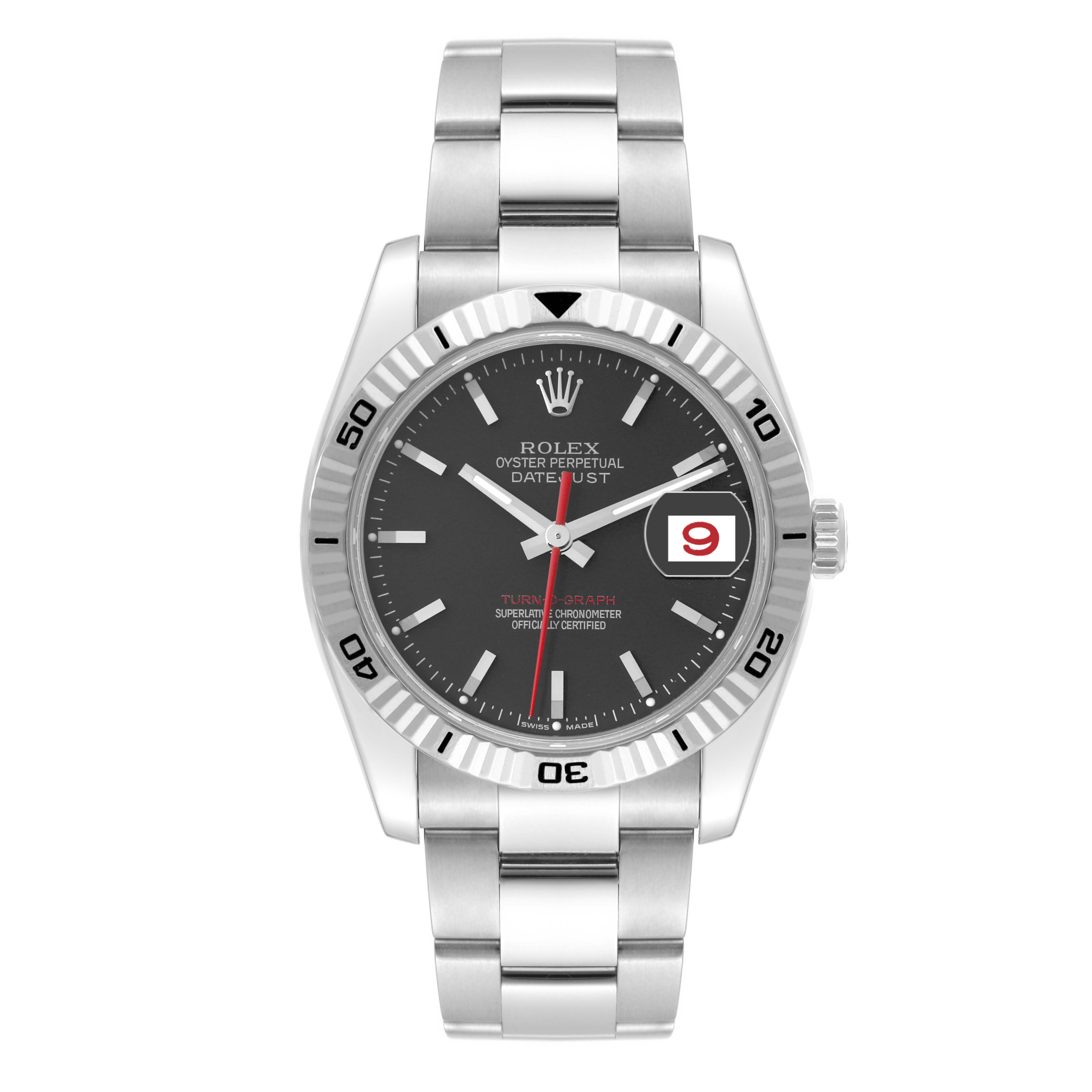 The image shows a front view of a Rolex Turn-o-Graph 116264 Men's Stainless Steel Black Dial 116264 Men's Stainless Steel Black Dial watch, displaying its dial, bezel, bracelet, and crown.