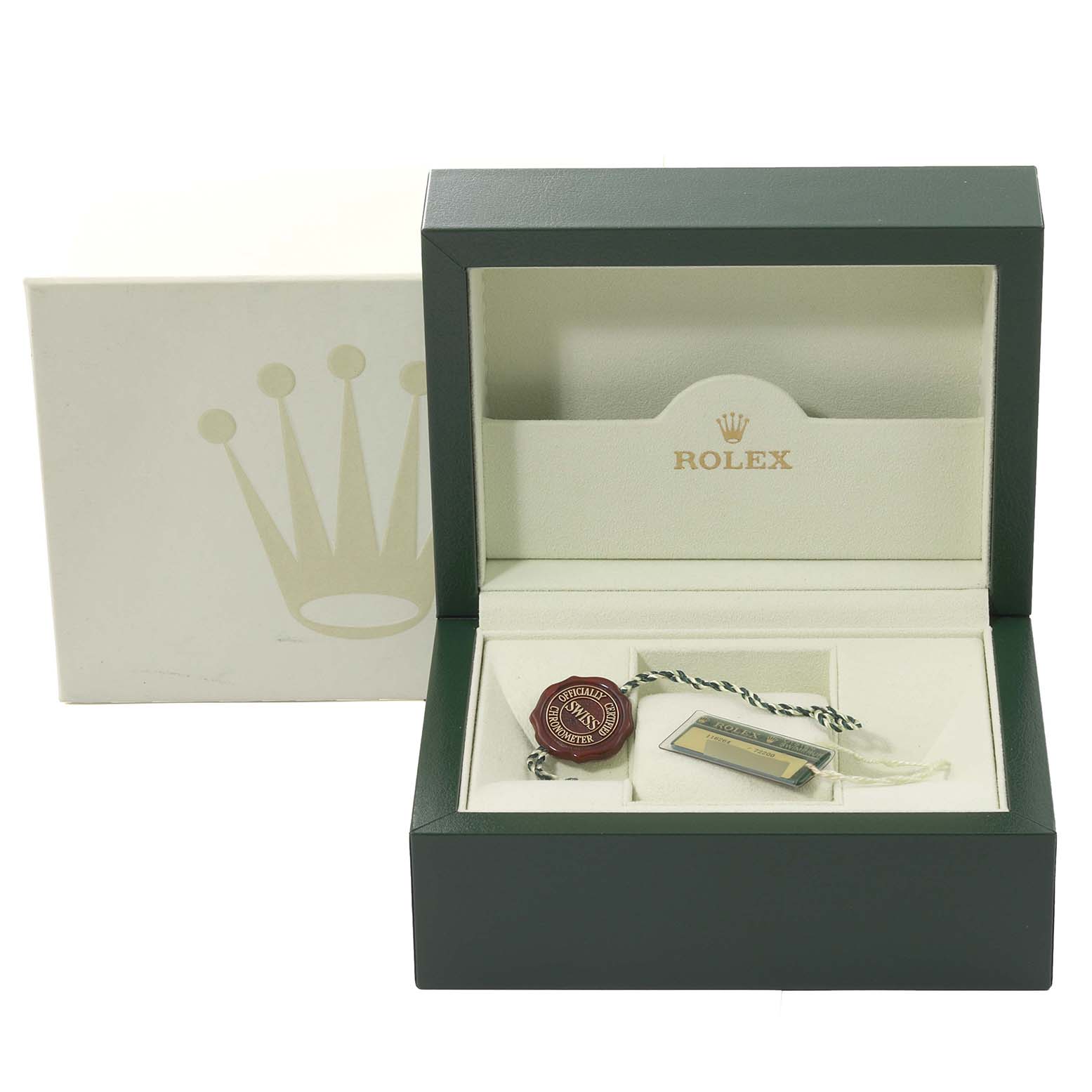 This image shows a Rolex Turn-o-Graph 116264 Men's Stainless Steel Black Dial 116264 Men's Stainless Steel Black Dial watch box containing a tag and an accessory card from an eye-level angle.