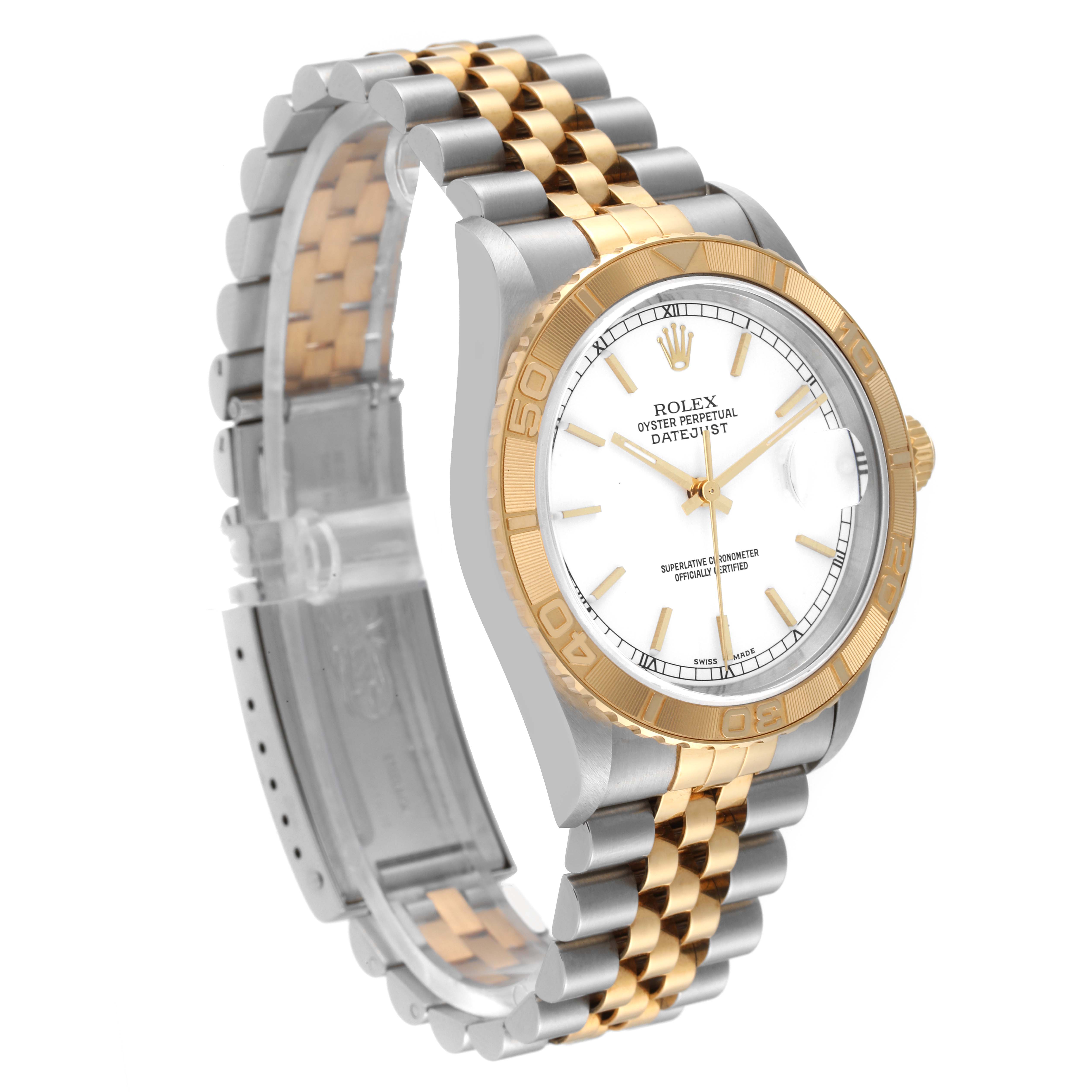 The image shows a Rolex Turn-o-Graph 16263 Men's Steel and Gold (two tone) White Dial 16263 Men's Steel and Gold (two tone) White Dial watch at an angle, highlighting its face, bezel, and two-tone bracelet.