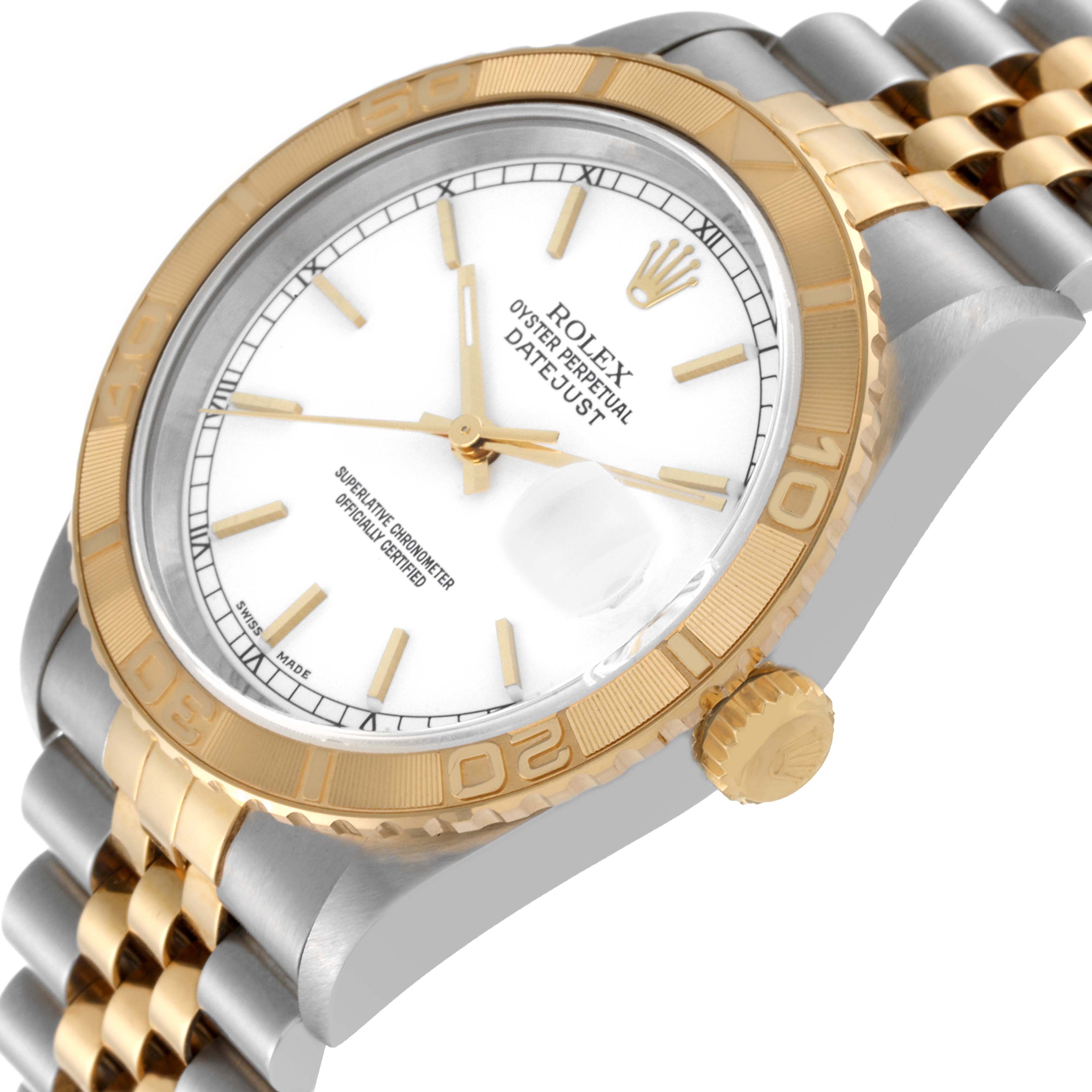 The image shows a Rolex Turn-o-Graph 16263 Men's Steel and Gold (two tone) White Dial 16263 Men's Steel and Gold (two tone) White Dial watch from a tilted angle, highlighting its bezel, dial, crown, and part of the bracelet.