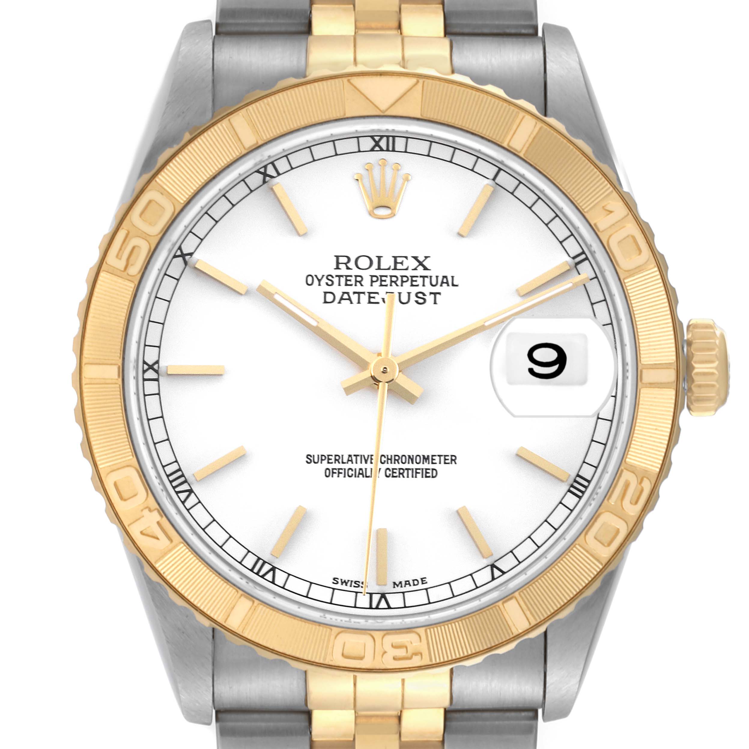 This image shows a front view of a Rolex Turn-o-Graph 16263 Men's Steel and Gold (two tone) White Dial 16263 Men's Steel and Gold (two tone) White Dial watch, highlighting its gold bezel, white dial, and two-tone bracelet.