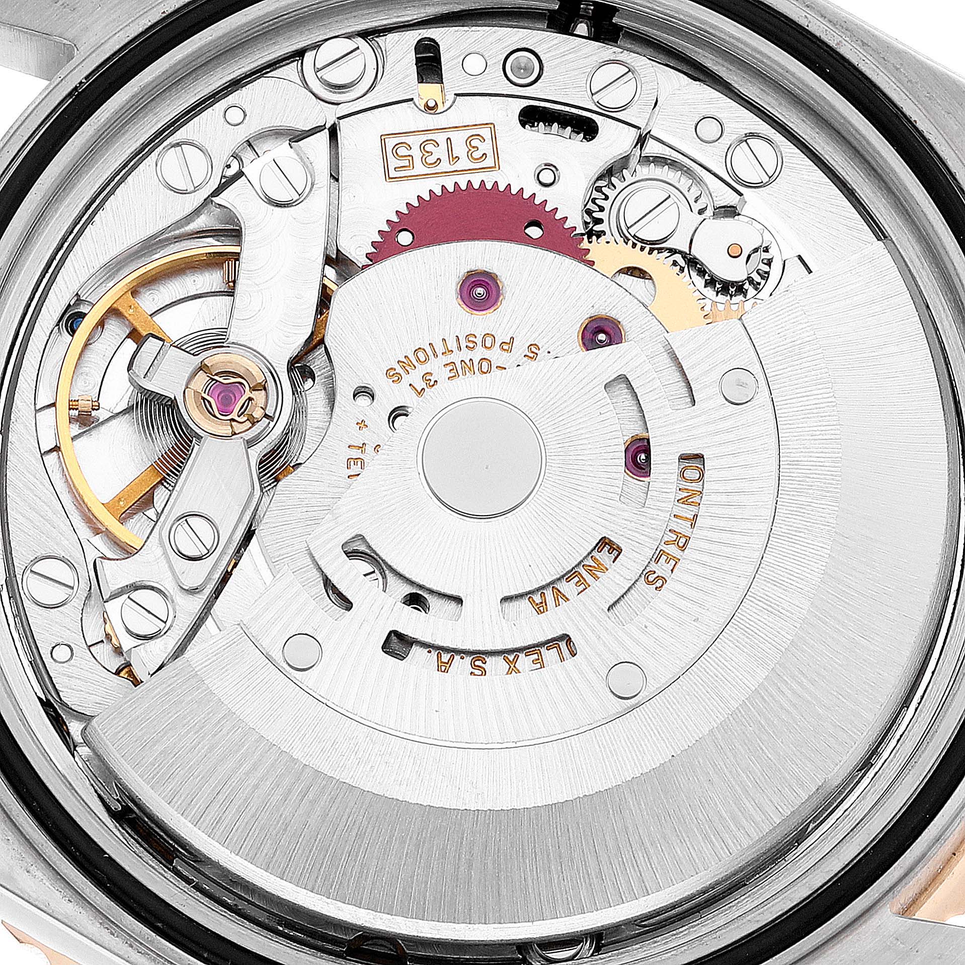 This image shows a close-up view of the movement mechanism of a Rolex Turn-o-Graph 16263 Men's Steel and Gold (two tone) White Dial 16263 Men's Steel and Gold (two tone) White Dial watch, highlighting its intricate internal components.