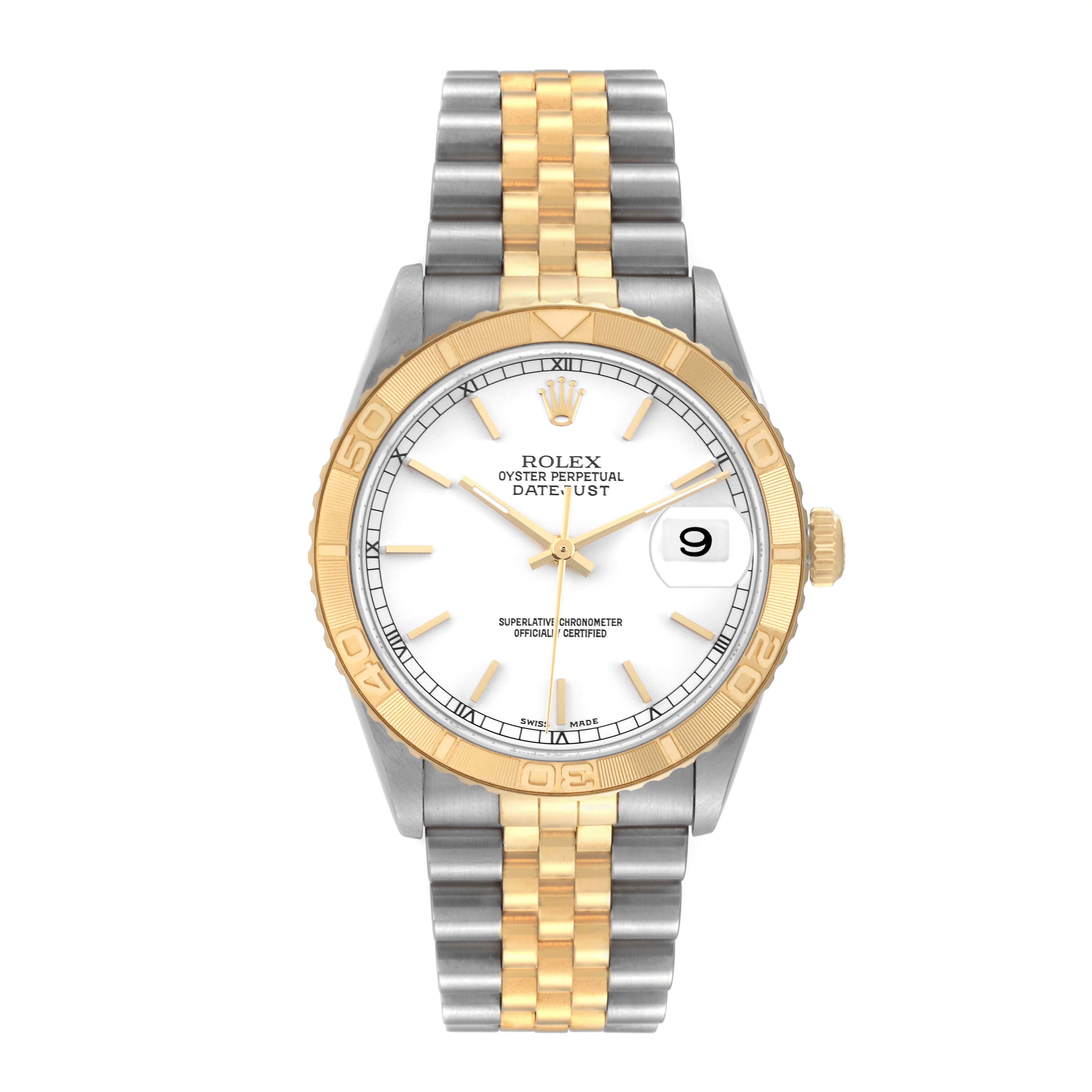 The image shows a front view of a Rolex Turn-o-Graph 16263 Men's Steel and Gold (two tone) White Dial 16263 Men's Steel and Gold (two tone) White Dial watch, displaying the face, bezel, and two-tone bracelet.