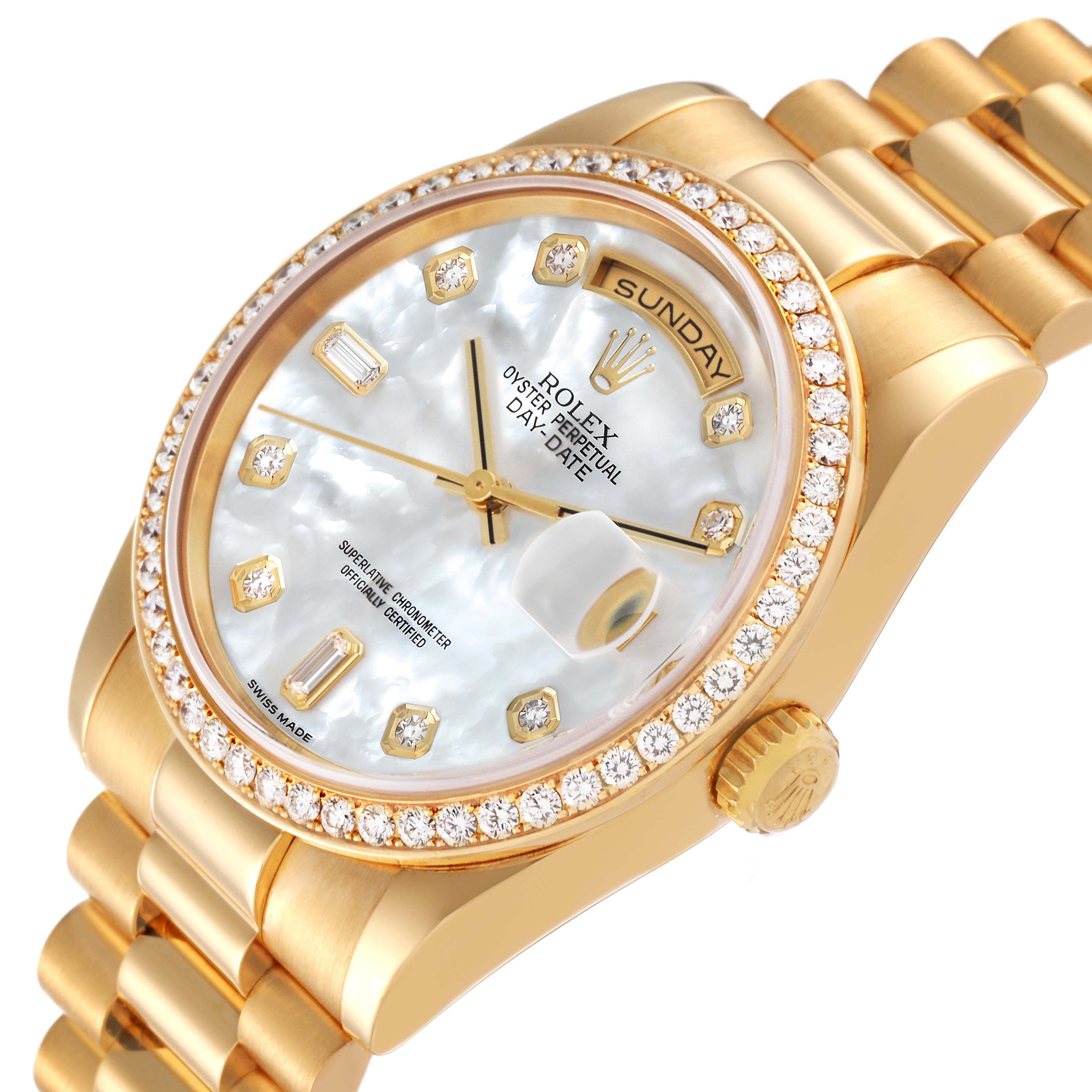 This angled view showcases the Rolex President 118348 Men's Yellow Gold Mother of Pearl Dial 118348 Men's Yellow Gold Mother of Pearl Dial model, highlighting the watch face, bracelet, and crown.