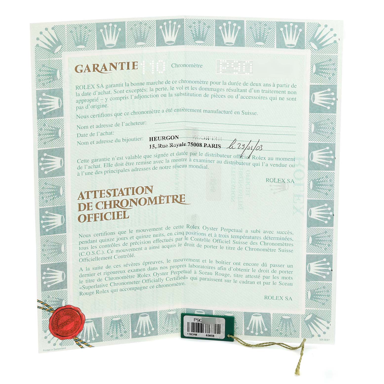 This image shows the warranty certificate for a Rolex President 118348 Men's Yellow Gold Mother of Pearl Dial 118348 Men's Yellow Gold Mother of Pearl Dial model watch.