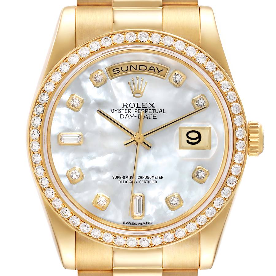 Rolex Day Date President Yellow Gold Mother of Pearl Diamond Mens Watch 118348 Box Papers SwissWatchExpo