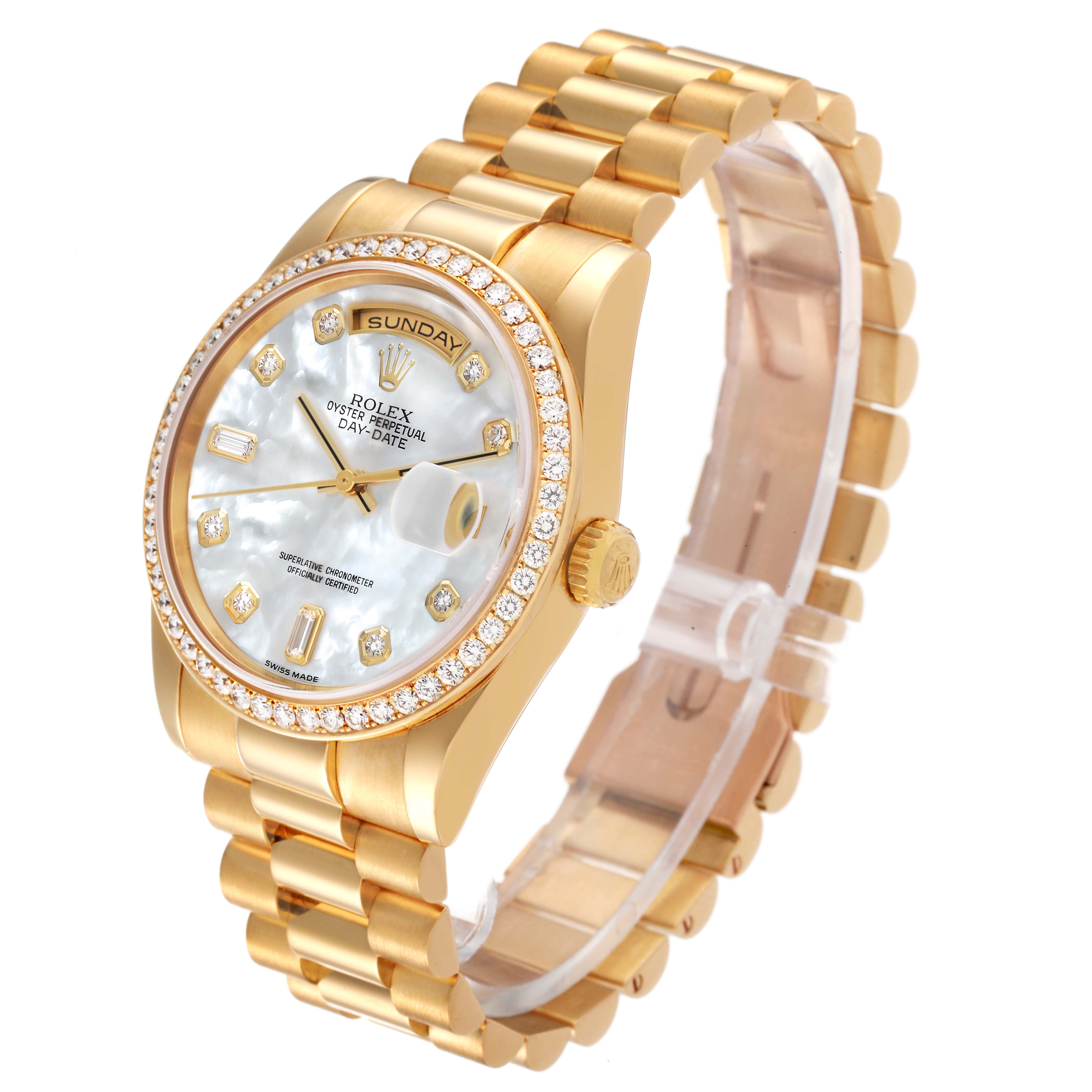 This image shows a side angle view of the Rolex President 118348 Men's Yellow Gold Mother of Pearl Dial 118348 Men's Yellow Gold Mother of Pearl Dial model watch, highlighting the gold bracelet, bezel, crown, and face.