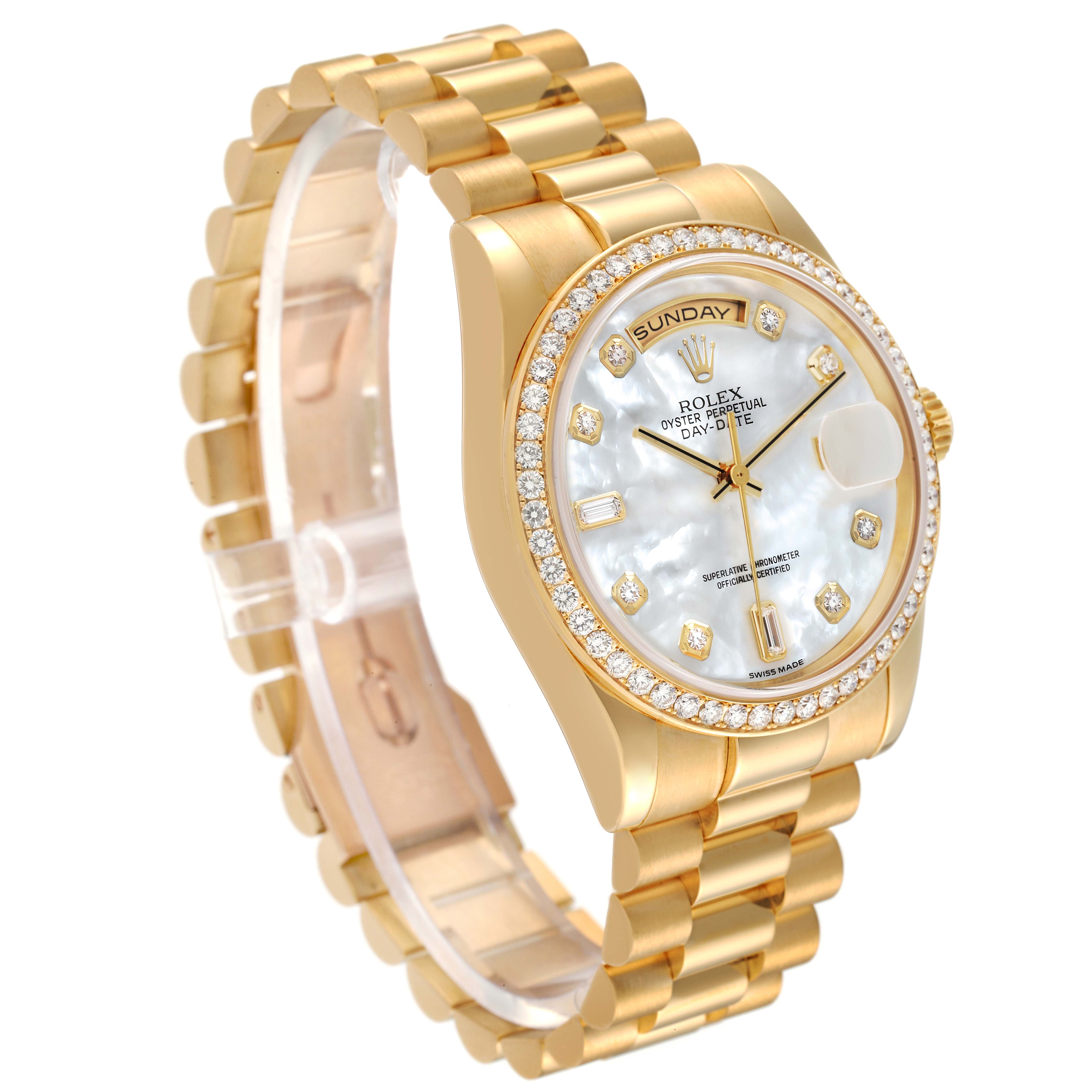 The image shows a Rolex President 118348 Men's Yellow Gold Mother of Pearl Dial 118348 Men's Yellow Gold Mother of Pearl Dial model watch from a front angle, displaying its dial, bezel, and band.