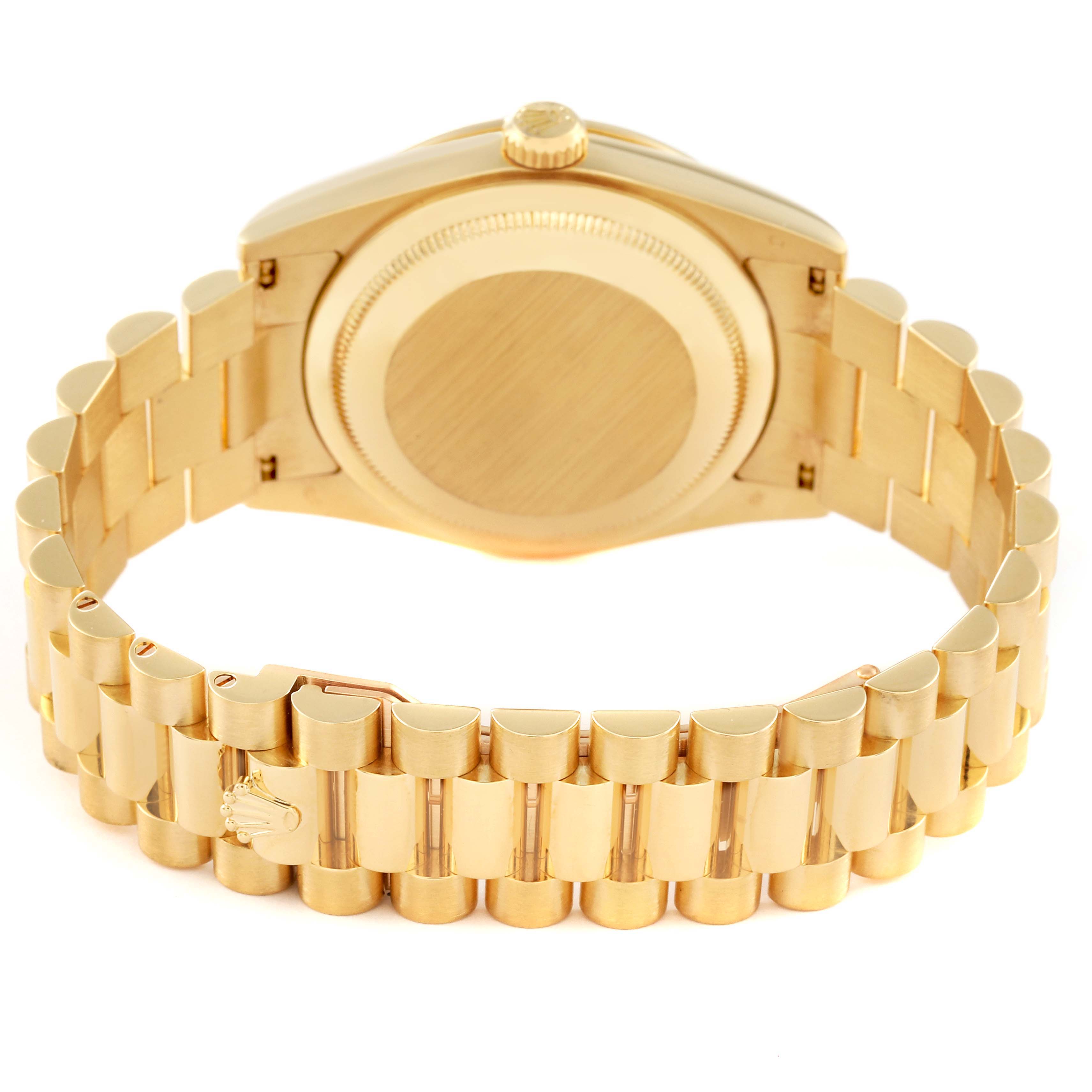 The image shows a rear view of the Rolex President 118348 Men's Yellow Gold Mother of Pearl Dial 118348 Men's Yellow Gold Mother of Pearl Dial model watch, highlighting its gold case back, crown, and bracelet.