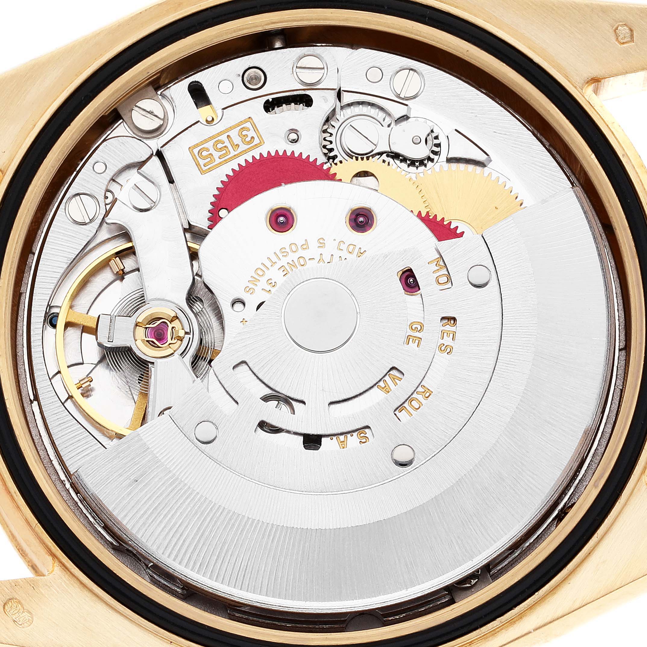 The image shows the intricate inner mechanism of a Rolex President 118348 Men's Yellow Gold Mother of Pearl Dial 118348 Men's Yellow Gold Mother of Pearl Dial model watch, viewed from the back.