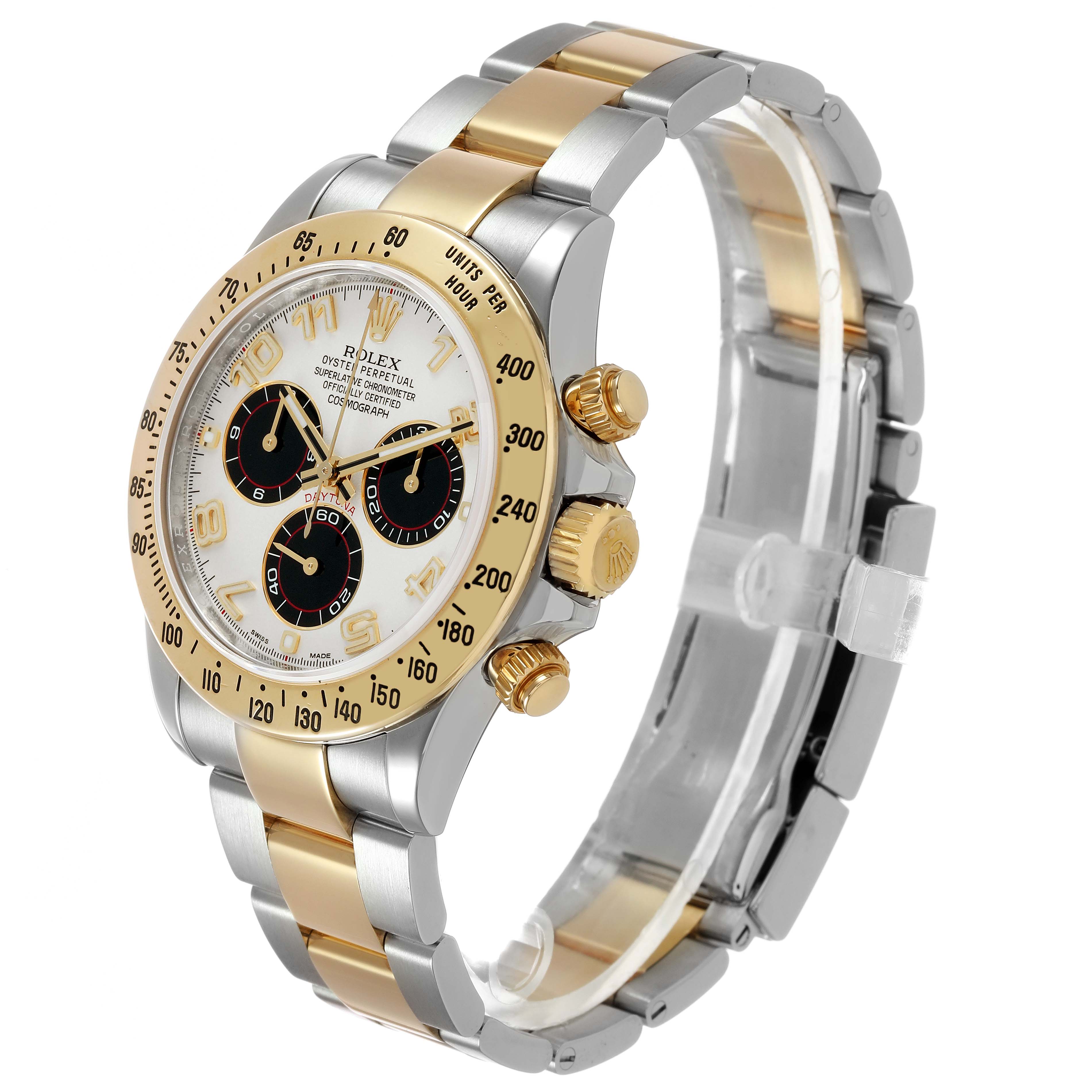 The image shows a side angle of the Rolex Daytona 116523 Men's Steel and Gold (two tone) Silver Dial, highlighting the bezel, dial, and two-tone bracelet.